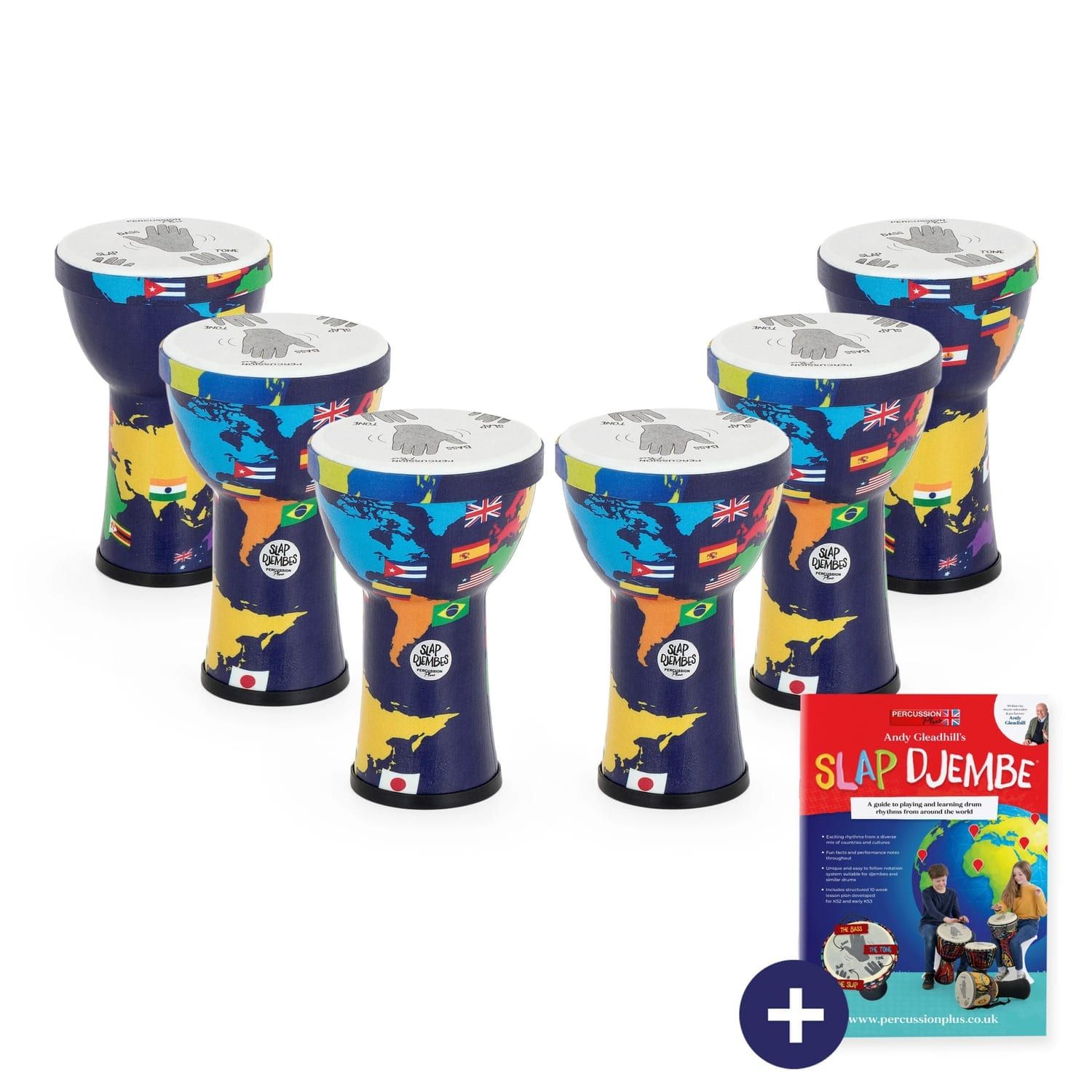 Percussion plus6 pack slap djembe 6 inch pre tuned, durable synthetic drums for group play