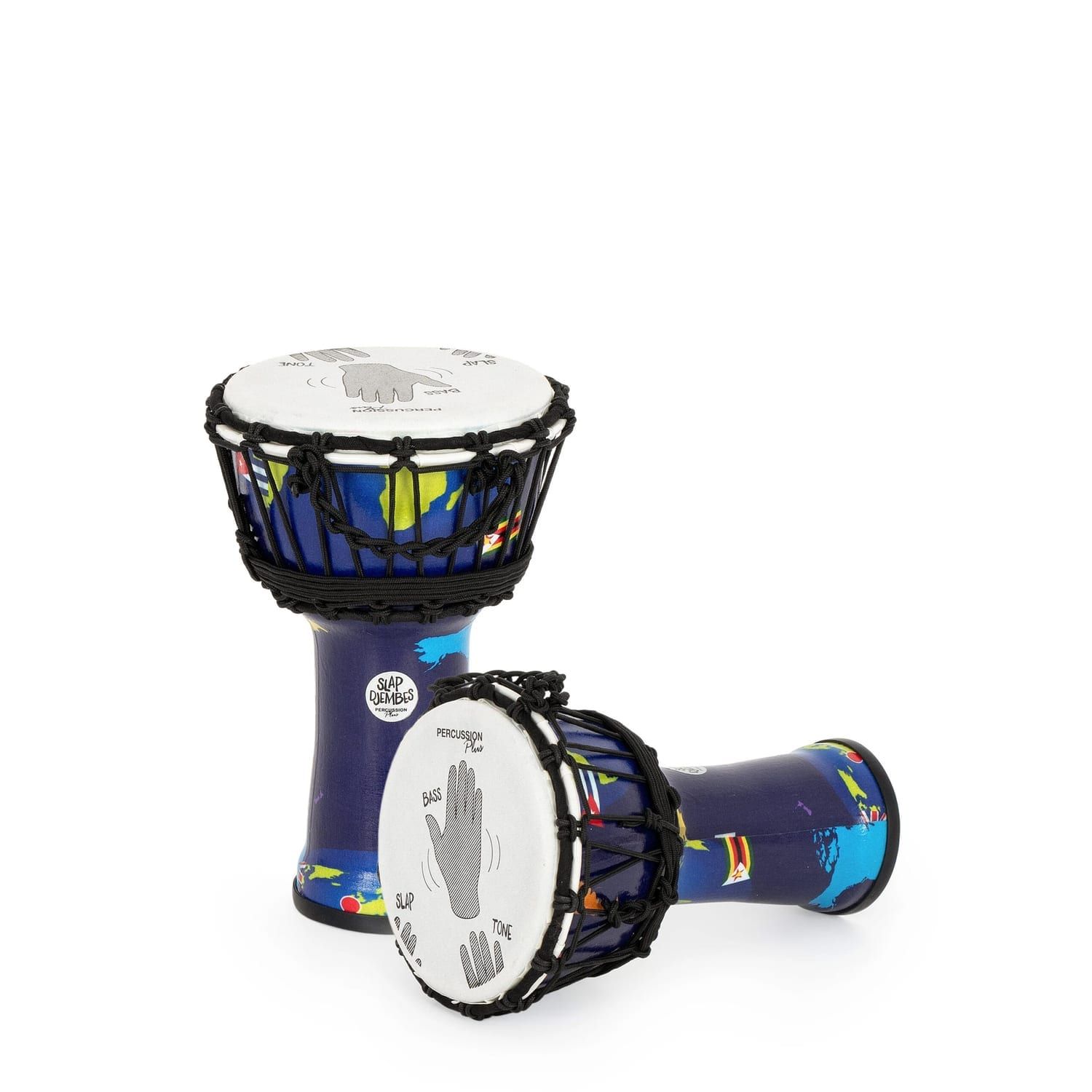 Pair of Percussion Plus World Slap Djembe drums (7" diameter, 32cm high) featuring world map patterns, synthetic heads, and rope tuning. Ideal for educational settings or group drumming.