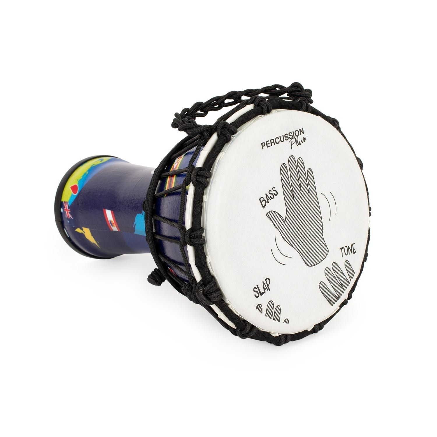 Buy the Percussion Plus World Slap Djembe drum (7" diameter, 32cm high) with a world map pattern, synthetic head, and rope tuning.