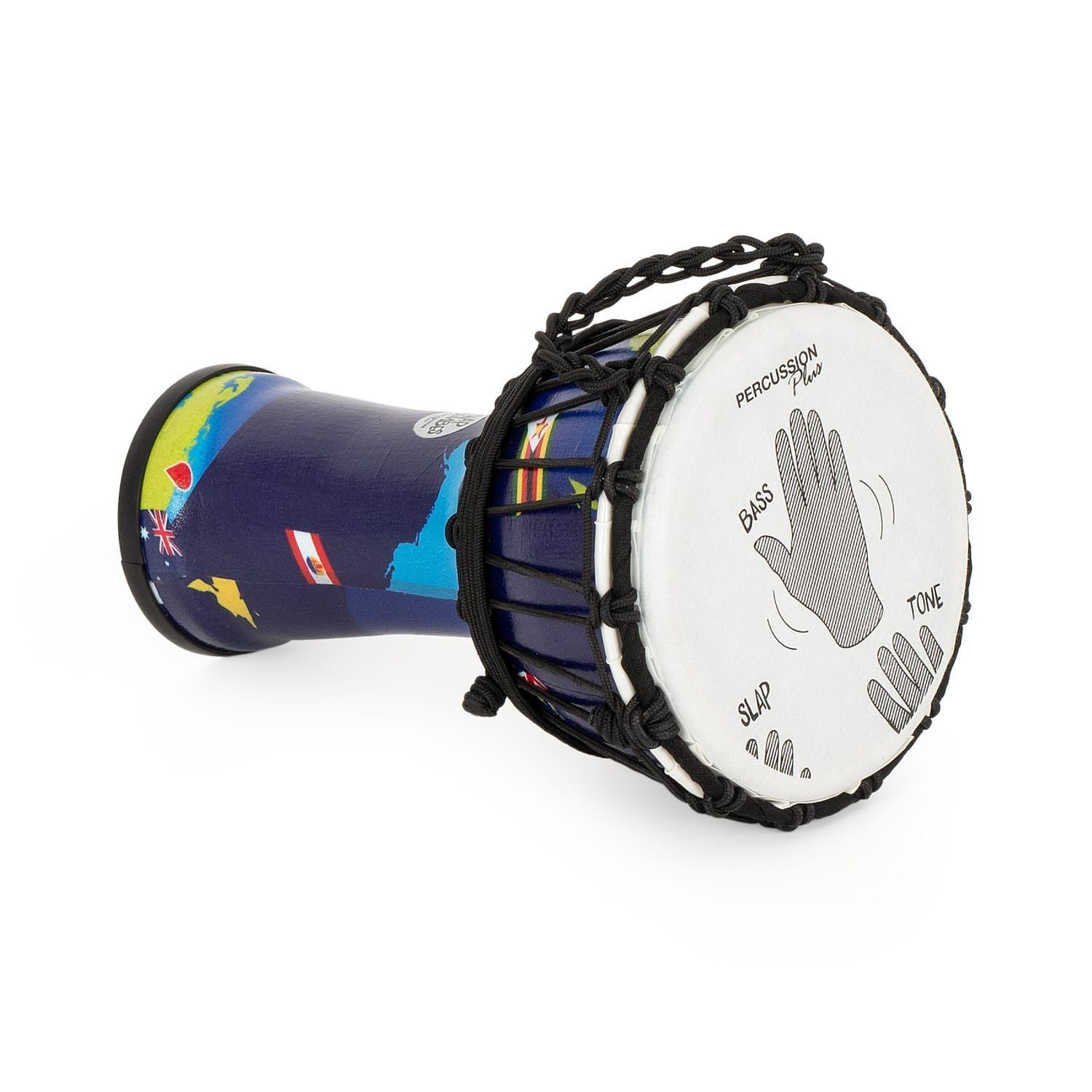Percussion Plus World Slap Djembe drum (7" diameter, 32cm high) with a world map pattern, synthetic head, and rope tuning.