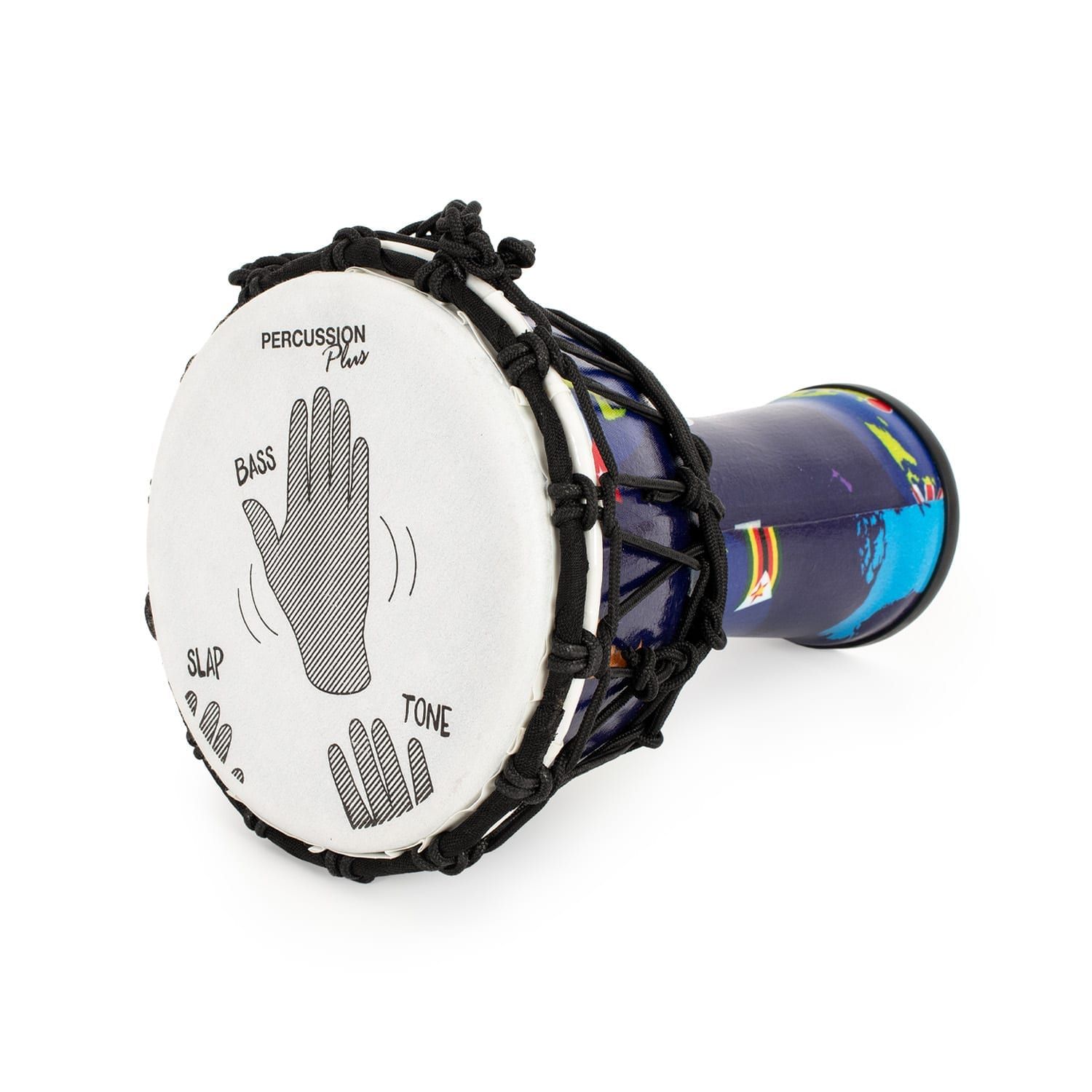 Buy Djembe Drum 7" diameter, 32cm high, World Slap synthetic - rope-tuned. Blue and purple pattern, perfect for beginners and experienced players.