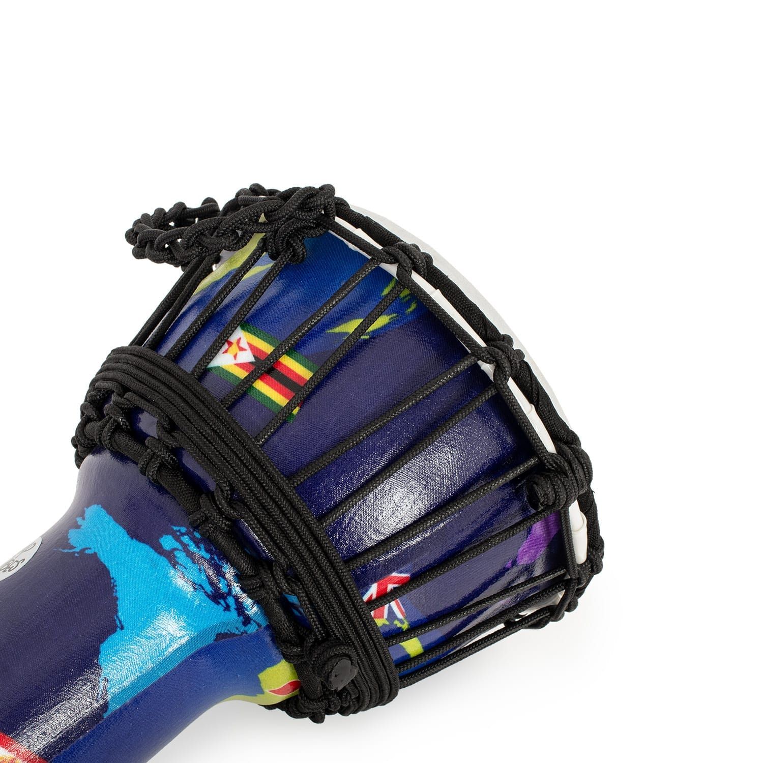 7-inch World Slap djembe drum with black rope tuning and a synthetic head.