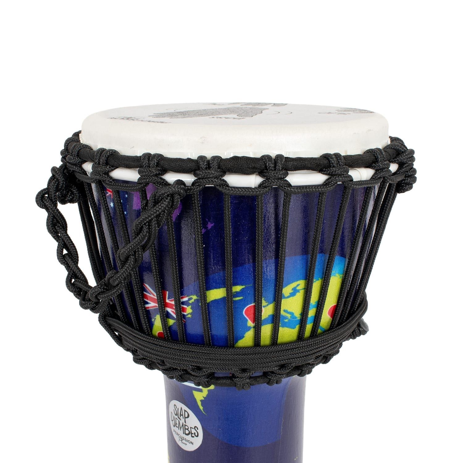 8-inch World Slap djembe, 42cm high, with rope tuning and a synthetic head.