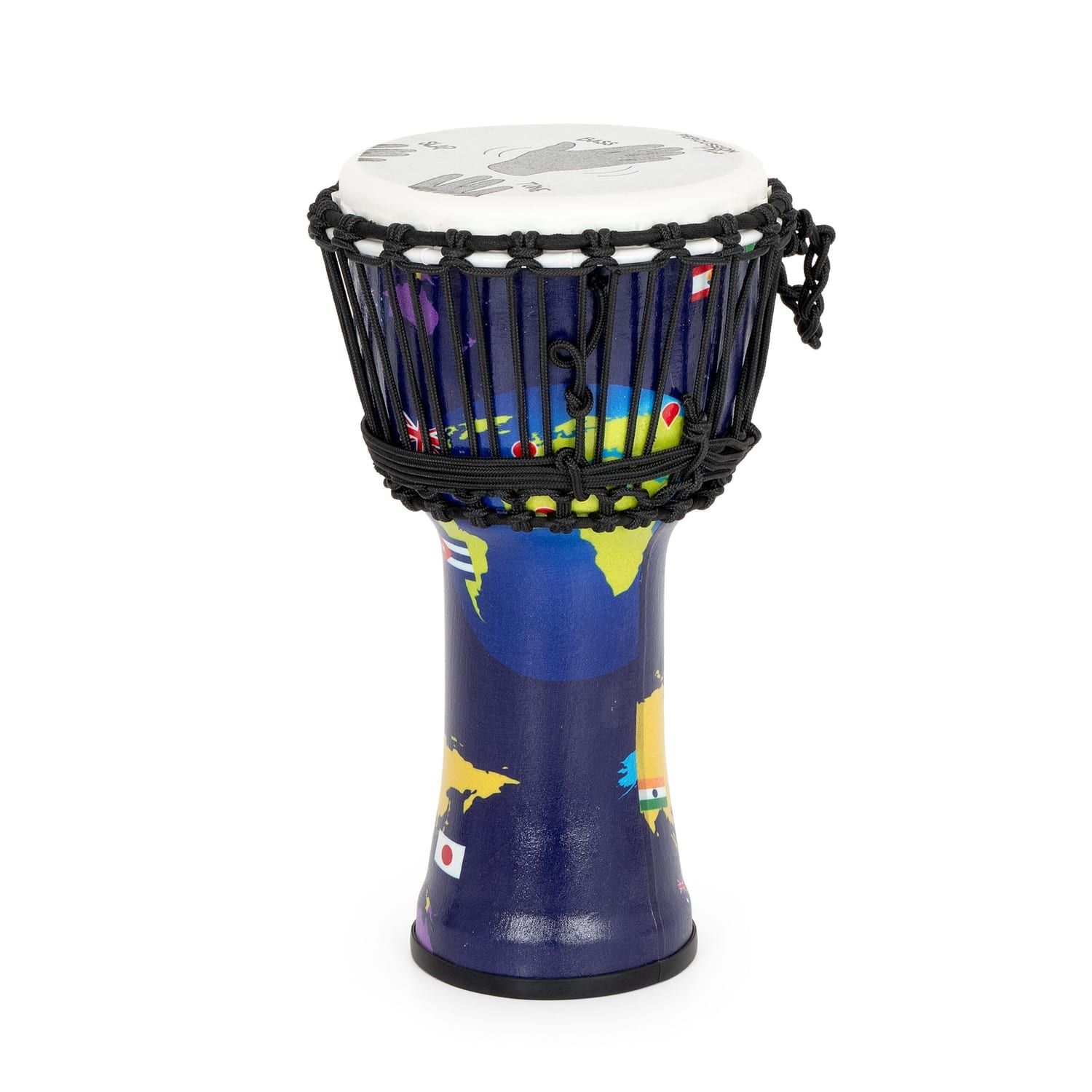 8-inch djembe, 42cm high, featuring a world map design, synthetic head, and rope tuning.