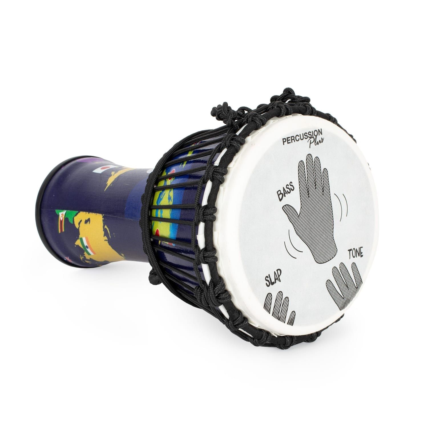 Another side angle of 8-inch rope-tuned Djembe drum with world map design and hand placement guide on the drumhead.
