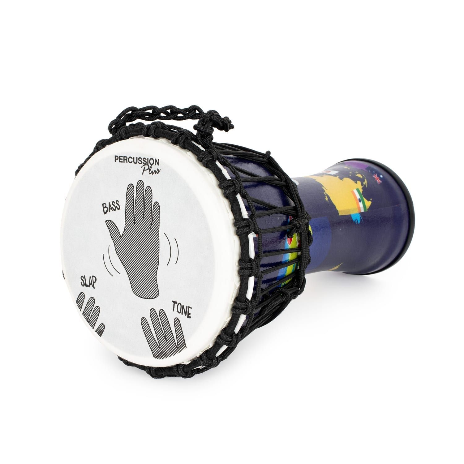 Side view of 8-inch rope-tuned Djembe drum with world map design and hand placement guide on the drumhead.