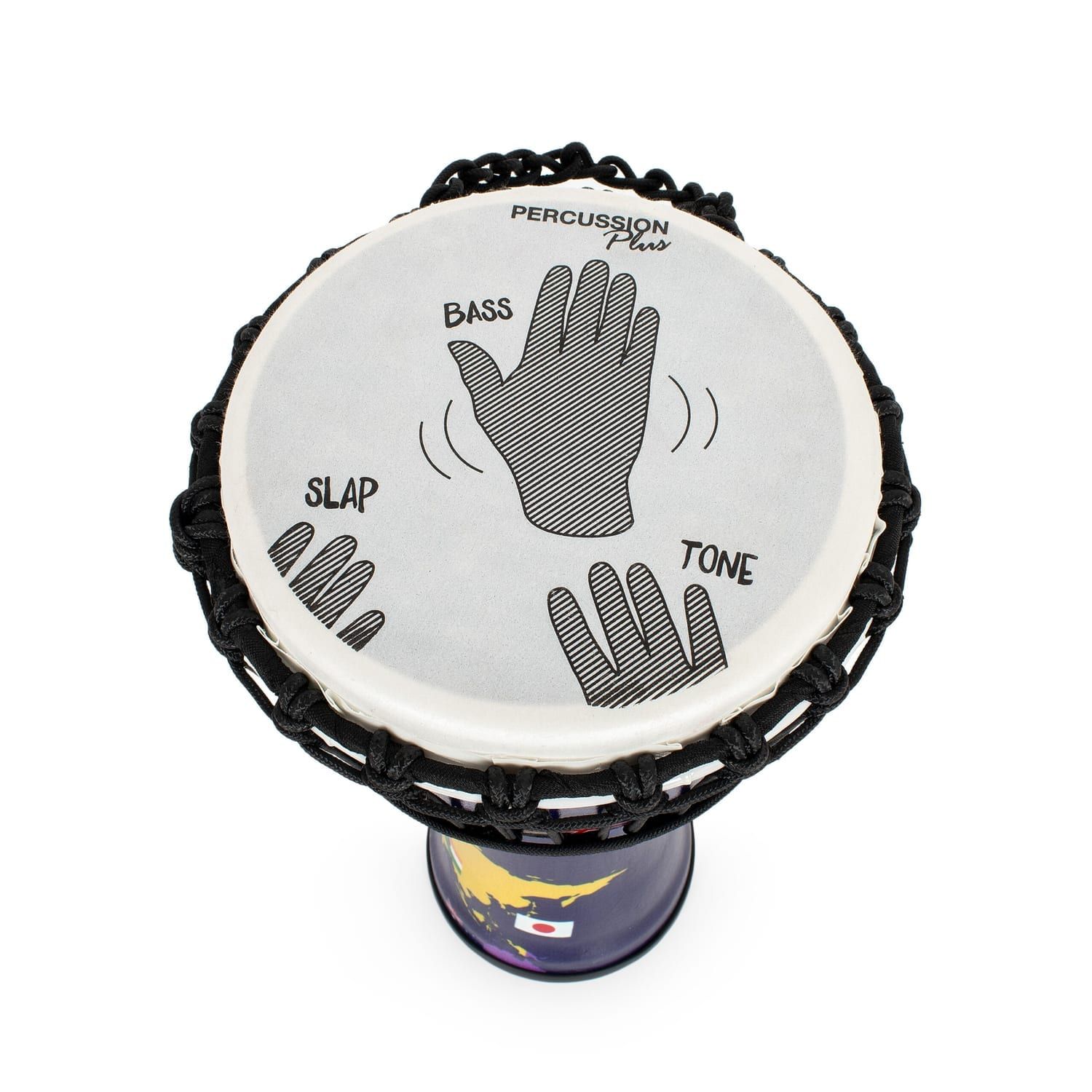 Top view of 8-inch synthetic Djembe drum with instructional graphic for Bass, Slap, and Tone hand techniques, featuring rope tuning and Percussion Plus branding, 42cm high.
