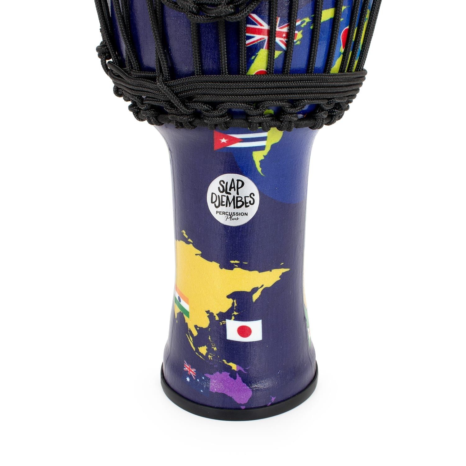 This is side view of 10-inch synthetic Djembe drum with world map design, featuring Slap Djembes logo, rope tuning, and vibrant flag patterns, 50cm high.