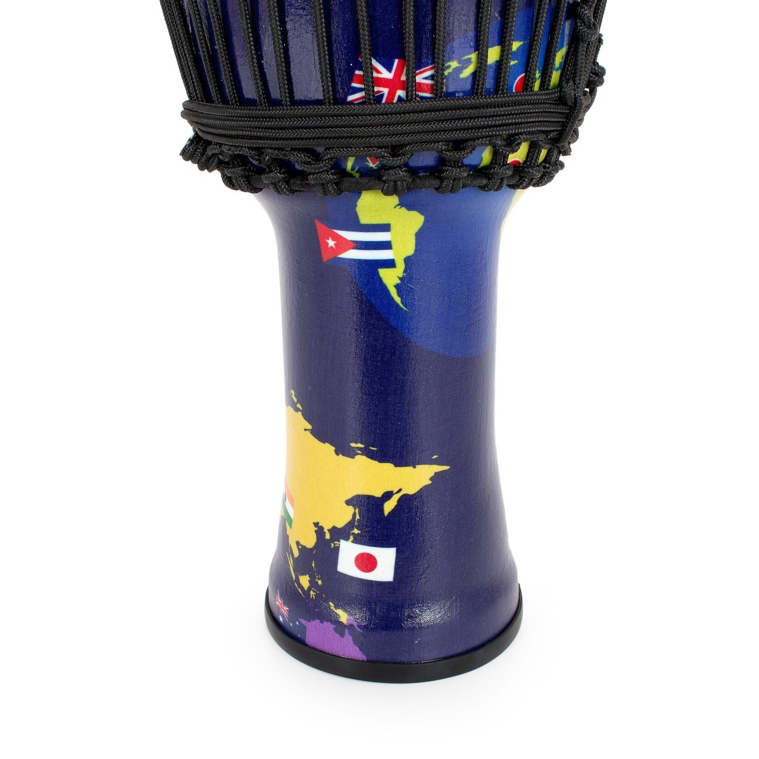 World map design and rope tuning detail on an 8-inch, 42cm high World Slap djembe.