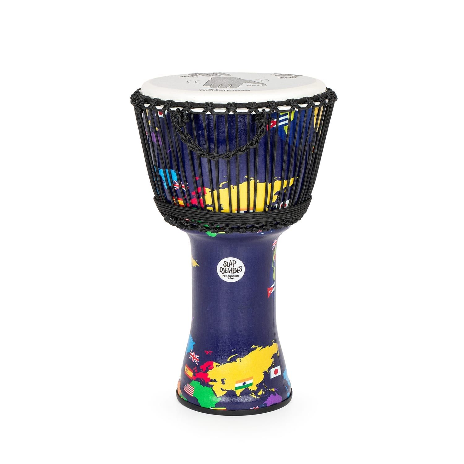 10 inch Synthetic Rope-tuned World Slap djembe with map-print shell and hand guides on the white head