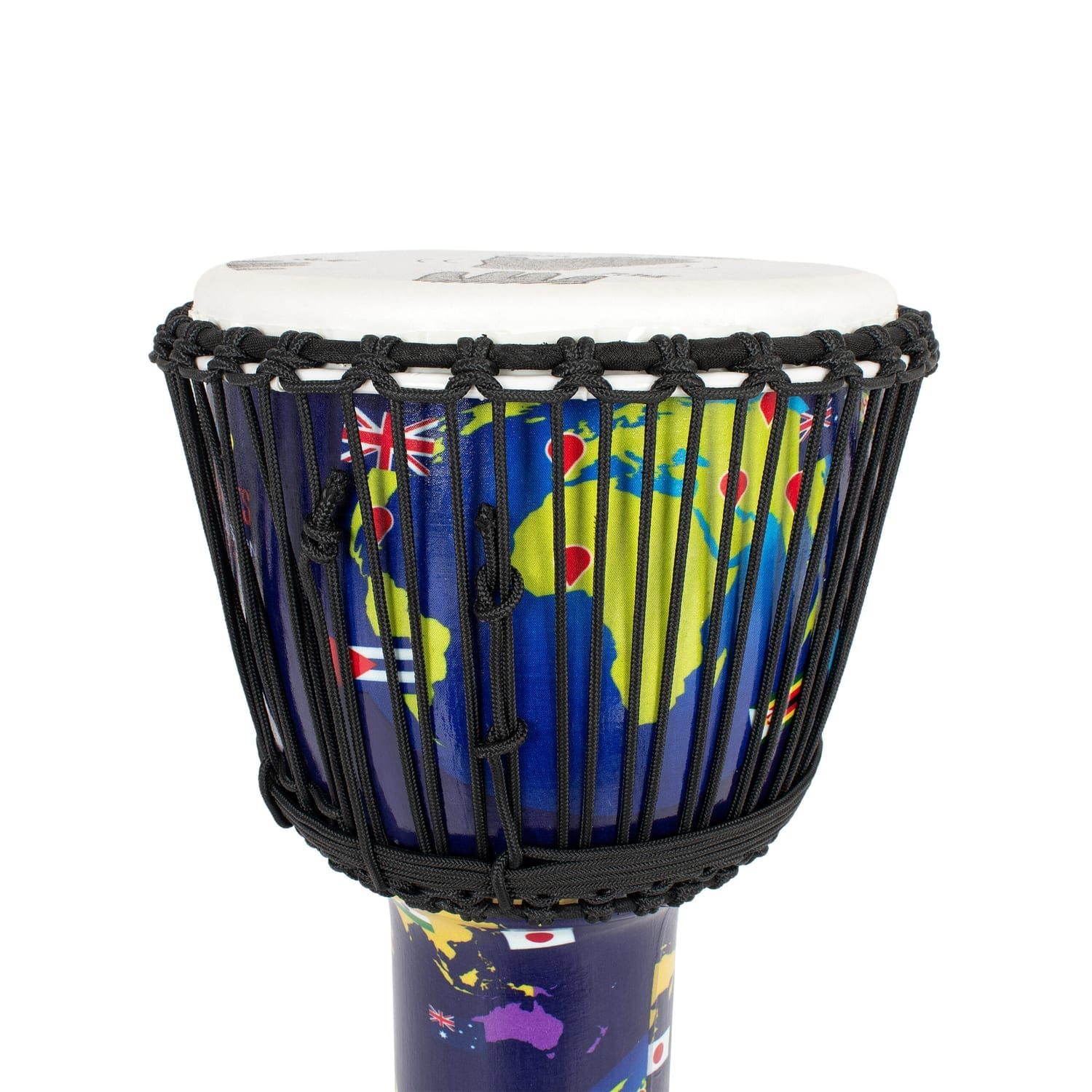 Close-up of 10-inch synthetic Djembe drum with rope tuning, world map design, and Slap Percussion branding, 50cm high.