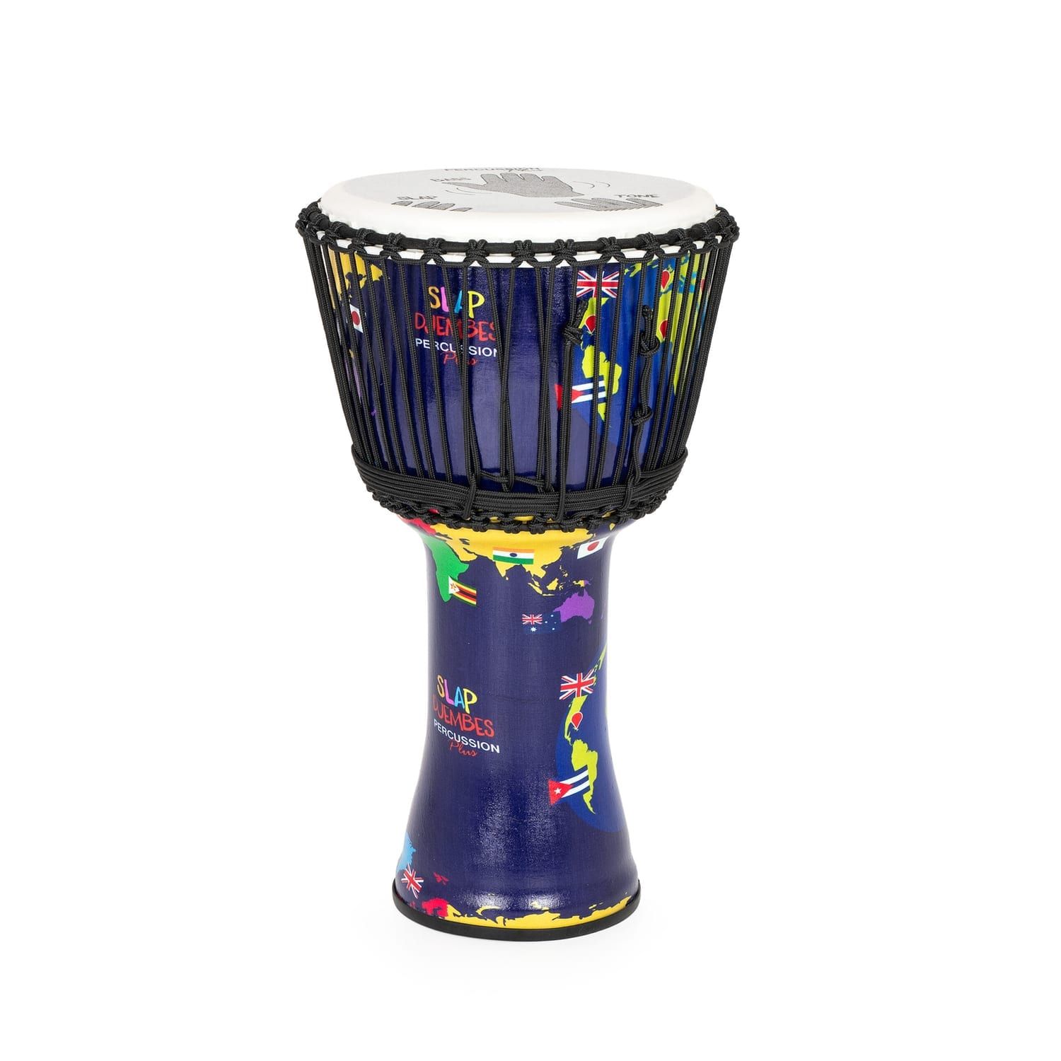 Another view of 10-inch synthetic Djembe drum with world map design, featuring rope tuning and Slap Percussion branding, 50cm high.
