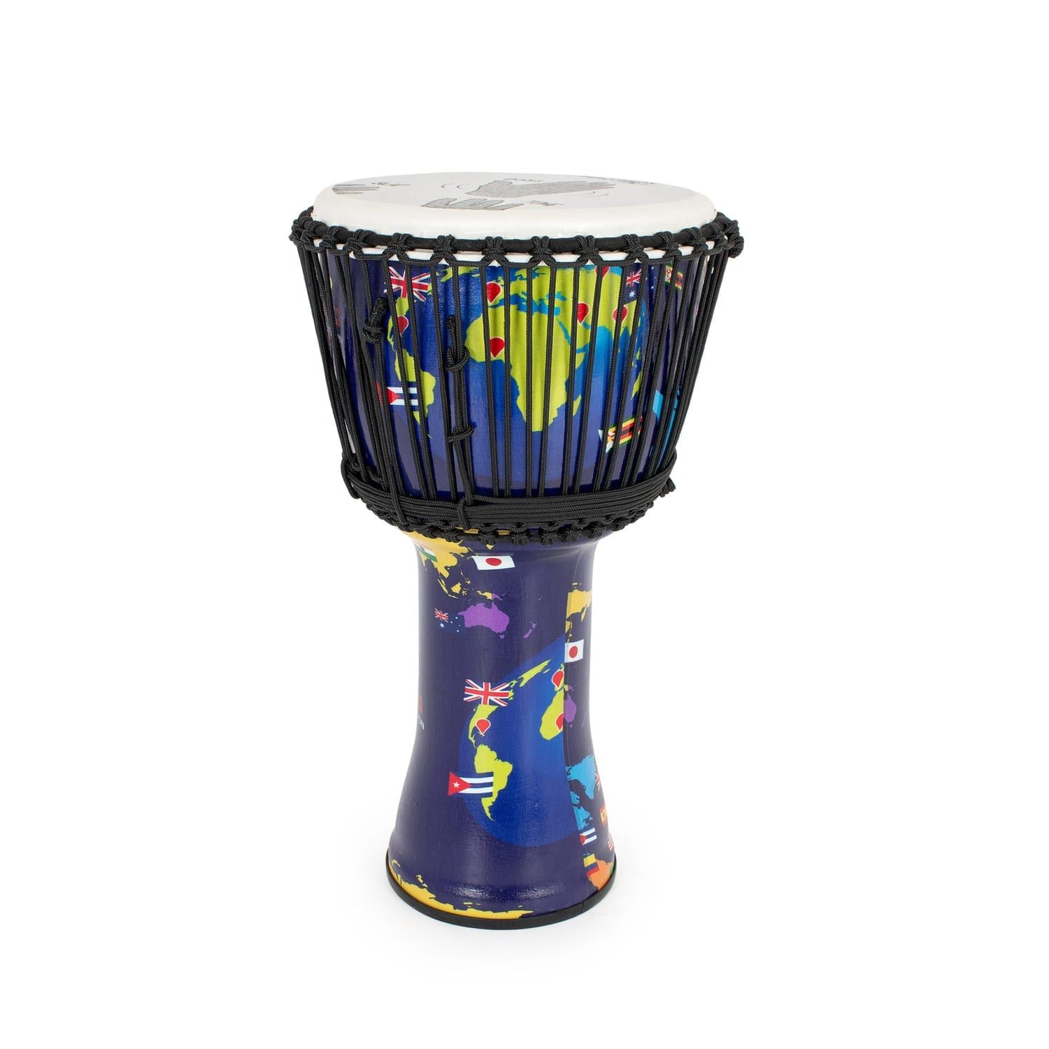 10-inch synthetic Djembe drum with world map design, featuring rope tuning and Slap Percussion branding, 50cm high.