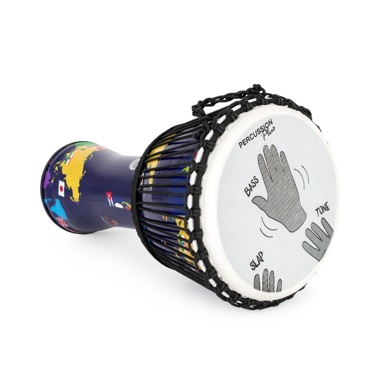 Another side view of synthetic 10-inch Djembe drum with world map design, featuring rope tuning and instructional graphic for Bass, Slap, and Tone hand techniques, 50cm high.