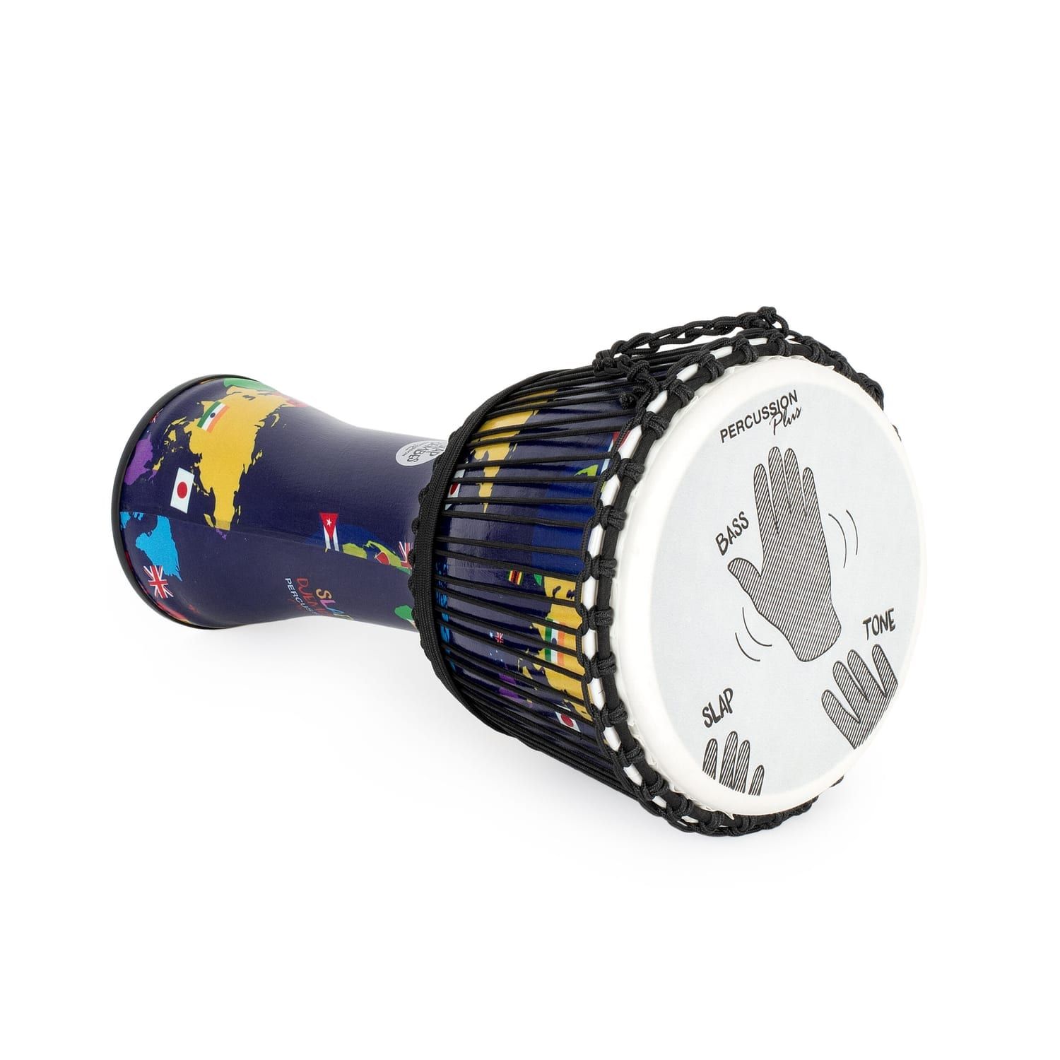 Side view of synthetic 10-inch Djembe drum with world map design, featuring rope tuning and instructional graphic for Bass, Slap, and Tone hand techniques, 50cm high.