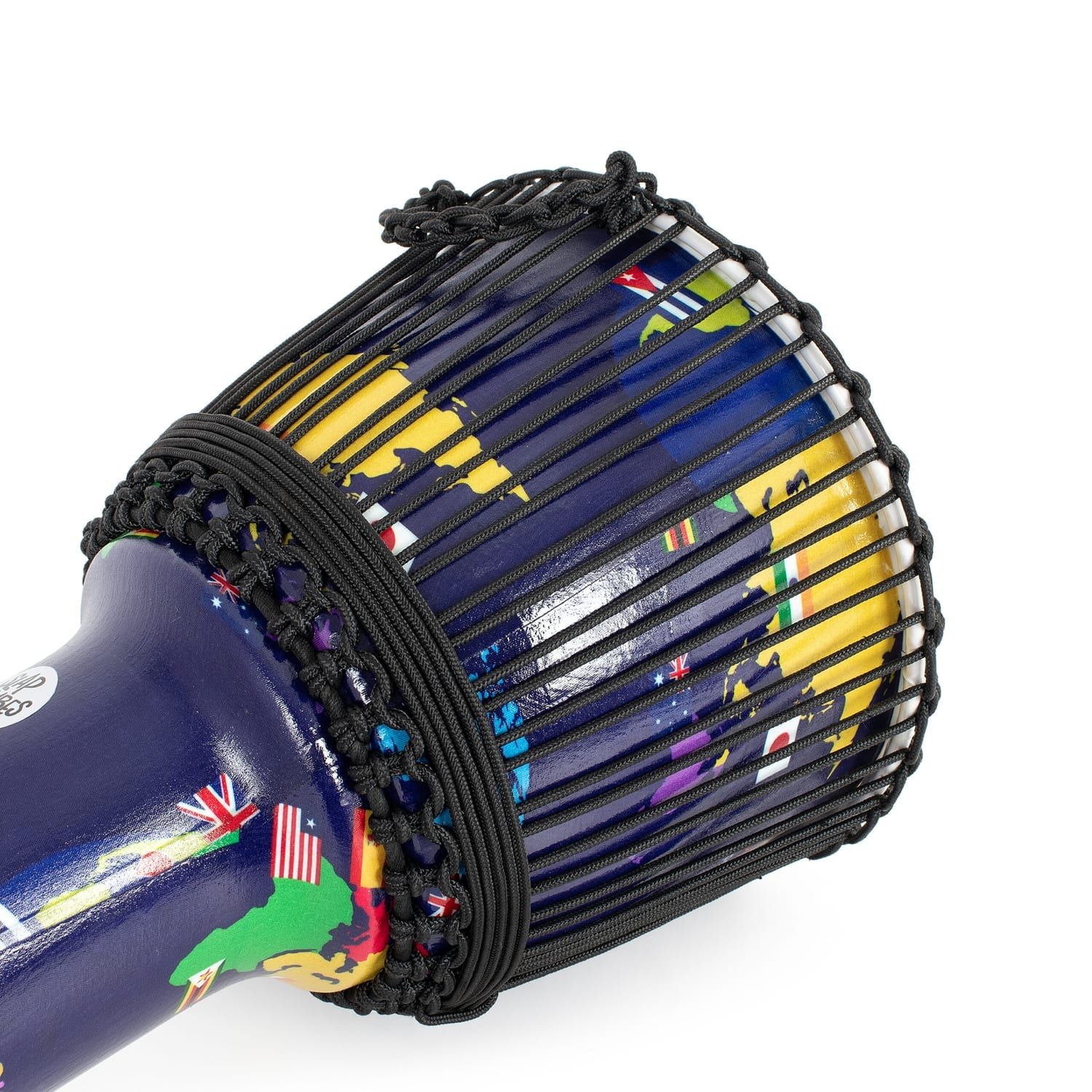 Close-up of rope tuning on 10-inch synthetic Djembe drum with world map design, featuring Slap Djembes branding, 50cm high.