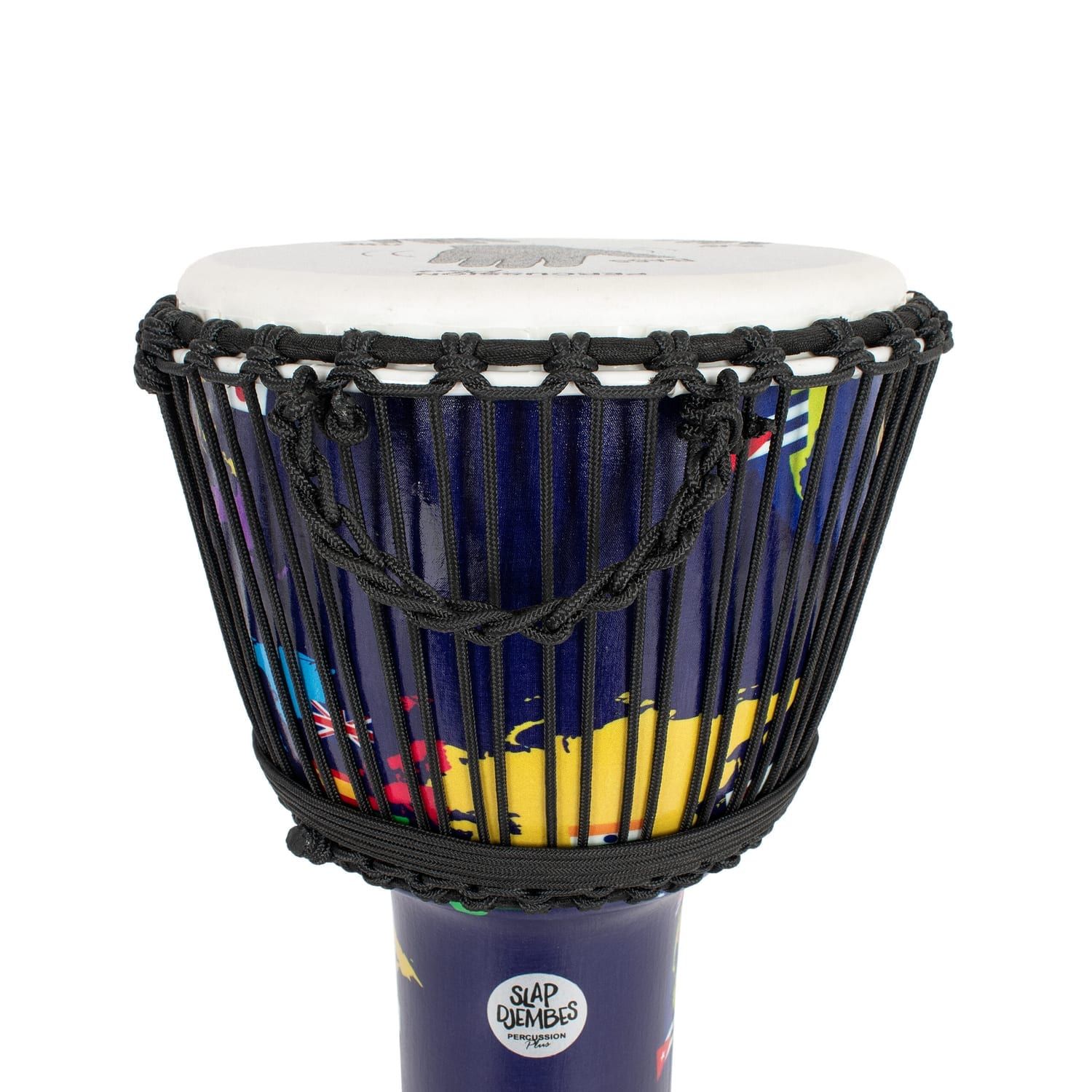 Close-up of 10-inch synthetic Djembe drum with rope tuning, featuring Slap Djembes logo and colorful world map design, 50cm high.