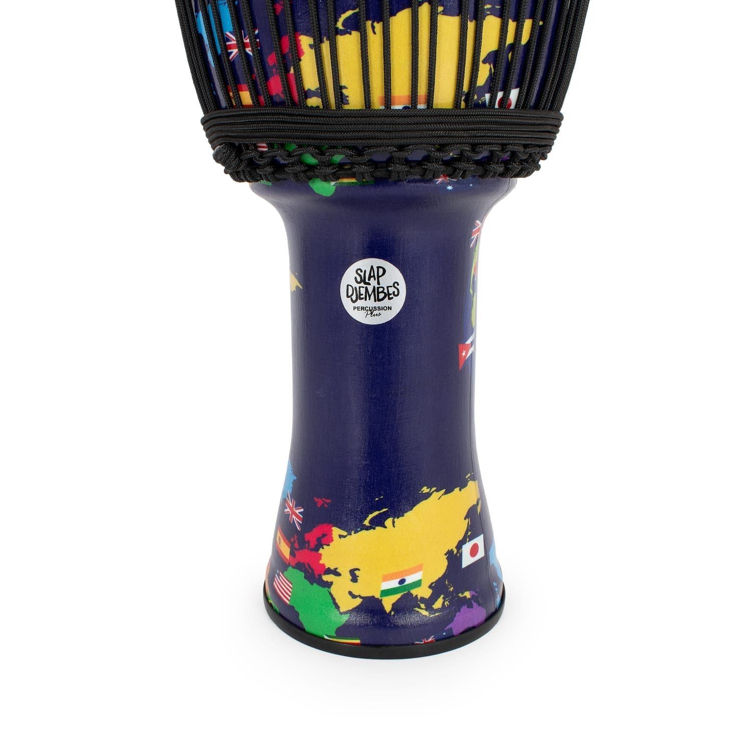 This is a close-up of 10-inch synthetic Djembe drum with Slap Djembes logo, rope tuning, and vibrant world map design featuring flags, 50cm high.