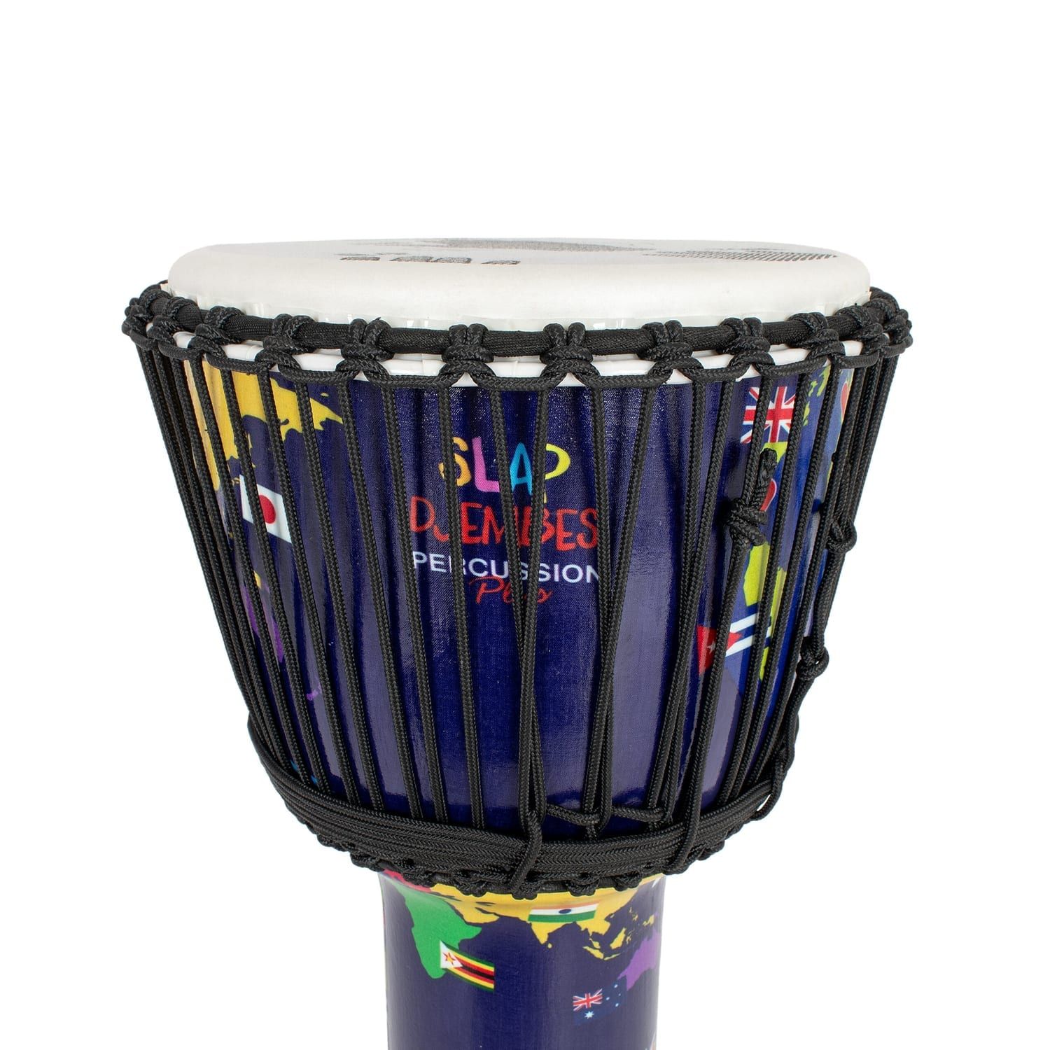 Close-up of 10-inch synthetic Djembe drum with rope tuning, featuring Slap Djembes branding and world map design, 50cm high.