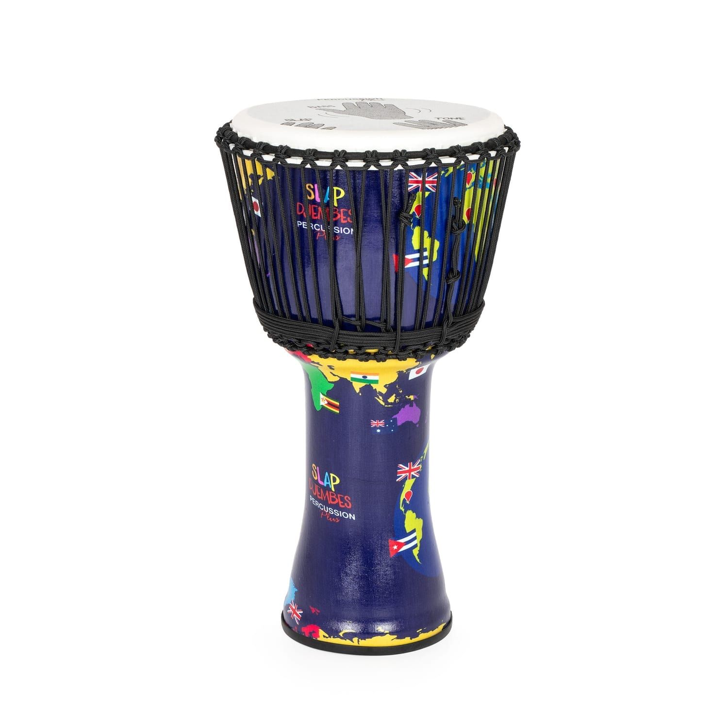 Colorful 12-inch diameter Djembe drum with world map design, 60cm high, synthetic rope-tuned, and Slap Percussion branding.