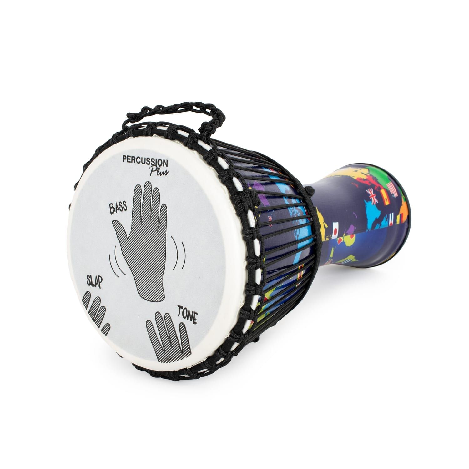 Side view of synthetic 12-inch Djembe drum with world map design, featuring hand technique instructions for Bass, Slap, and Tone, 60cm high, rope-tuned with Slap Percussion branding.