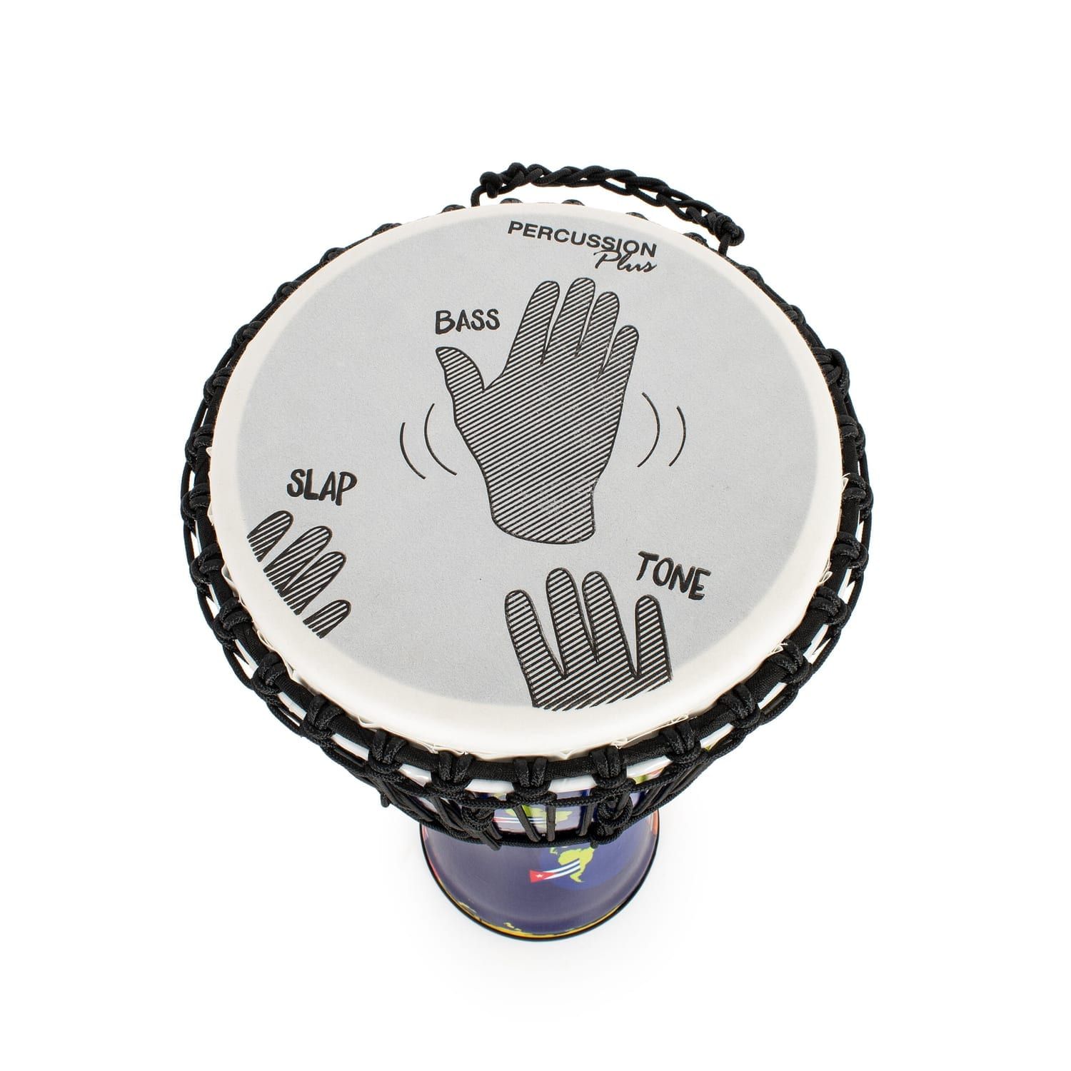 Top view of synthetic Djembe drum with instructional graphic showing Bass, Slap, and Tone hand techniques, 12-inch diameter, rope-tuned with Slap Percussion branding.