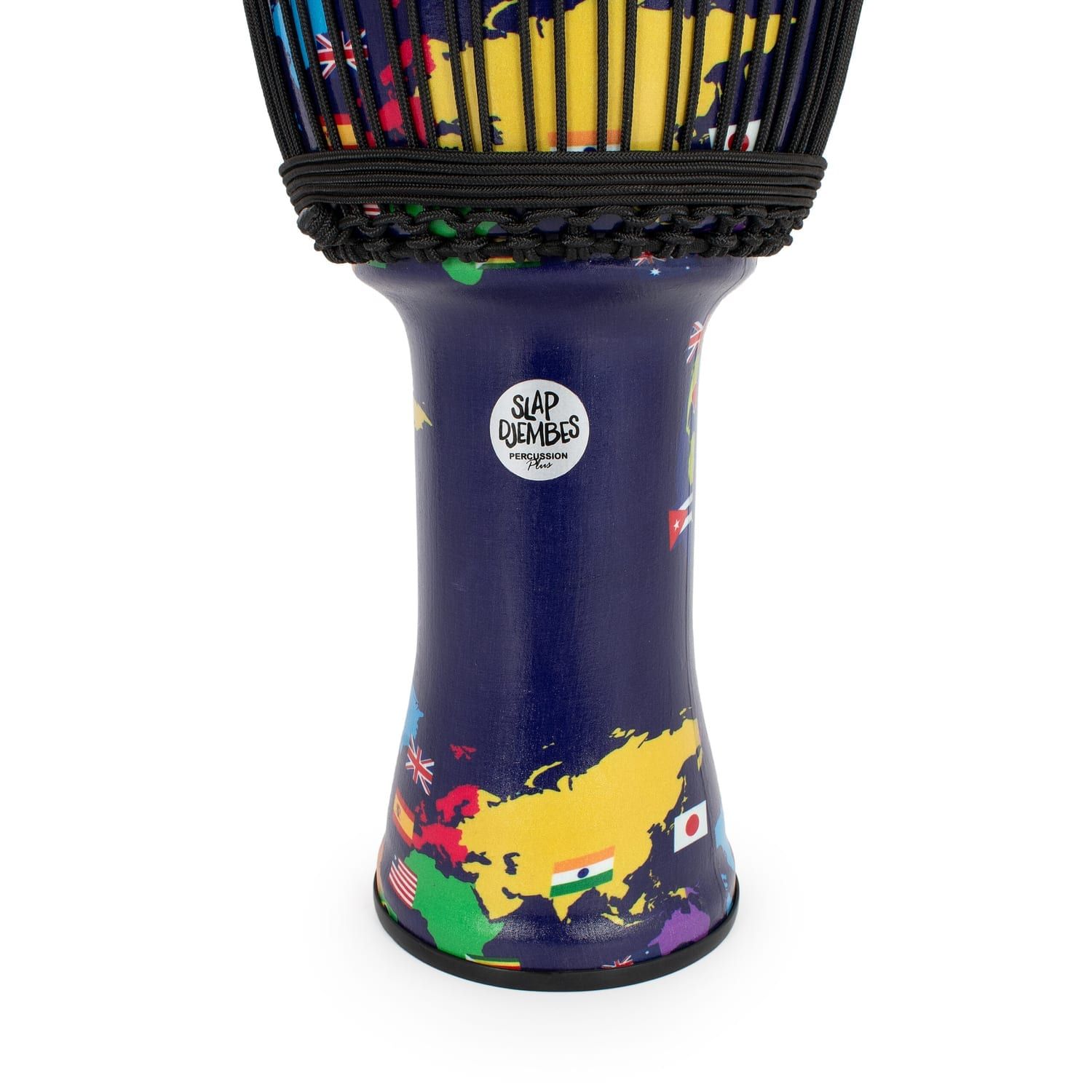 Close-up of synthetic 12-inch Djembe drum with world map design, featuring Slap Djembes logo and rope tuning, 60cm high.