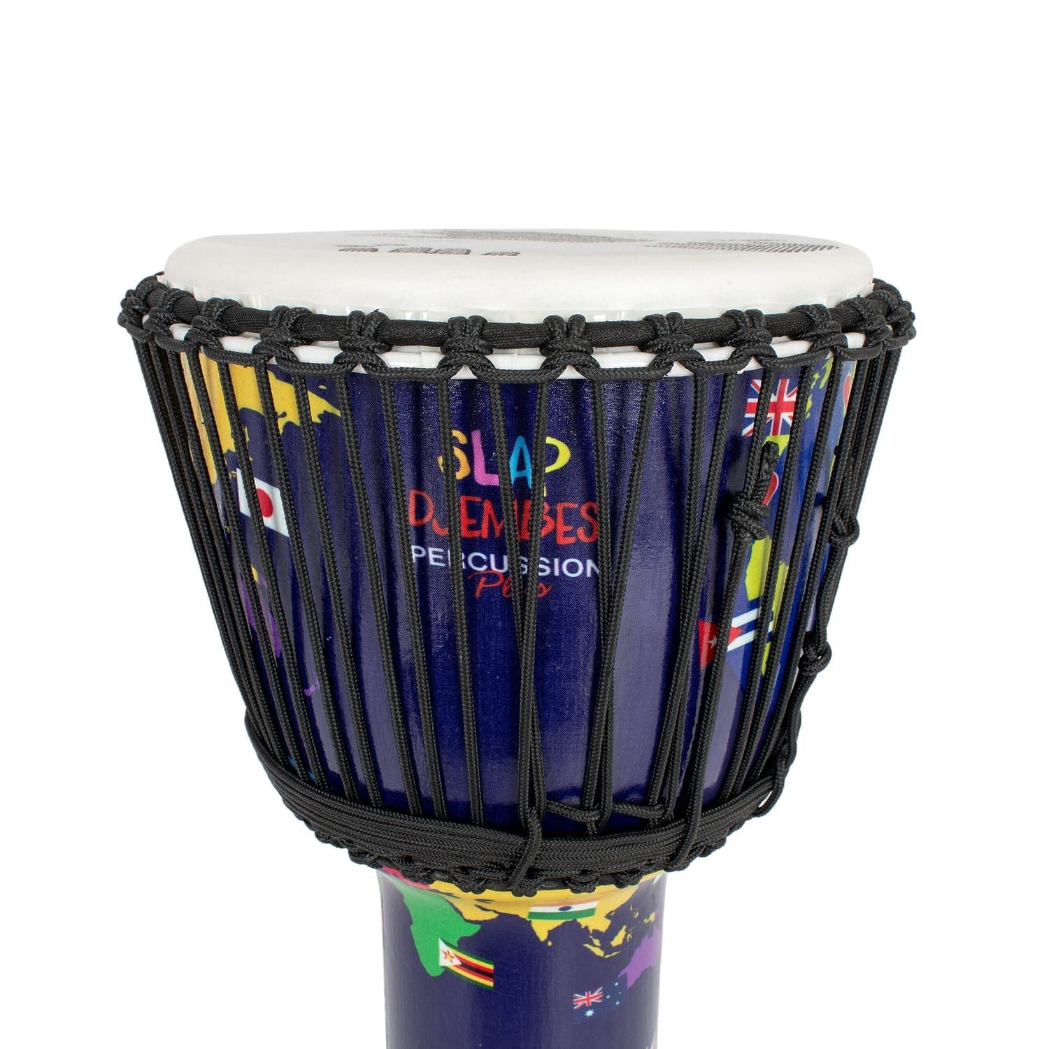 Close-up of 12-inch diameter synthetic Djembe drum with rope tuning, featuring Slap Percussion branding and world map design, 60cm high.