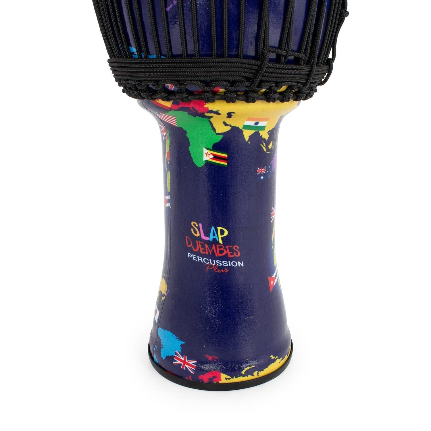 Side view of 12-inch diameter Djembe drum with world map design, featuring Slap Percussion branding, synthetic material, and rope-tuning, 60cm high.