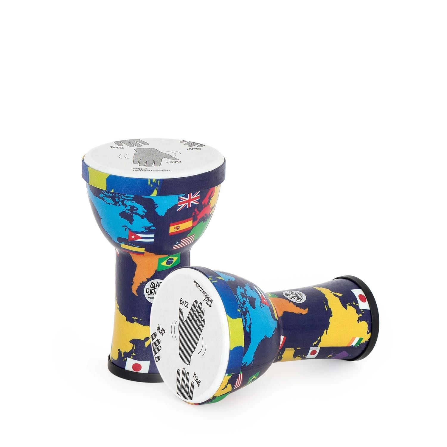 Two Percussion Plus 6-inch Djembe Drums with World Map design, featuring flags from various countries including the USA, Brazil, Japan, and Spain. The pre-tuned synthetic drumheads show hand position diagrams for Bass, Tone, and Slap, designed for beginner percussion players.