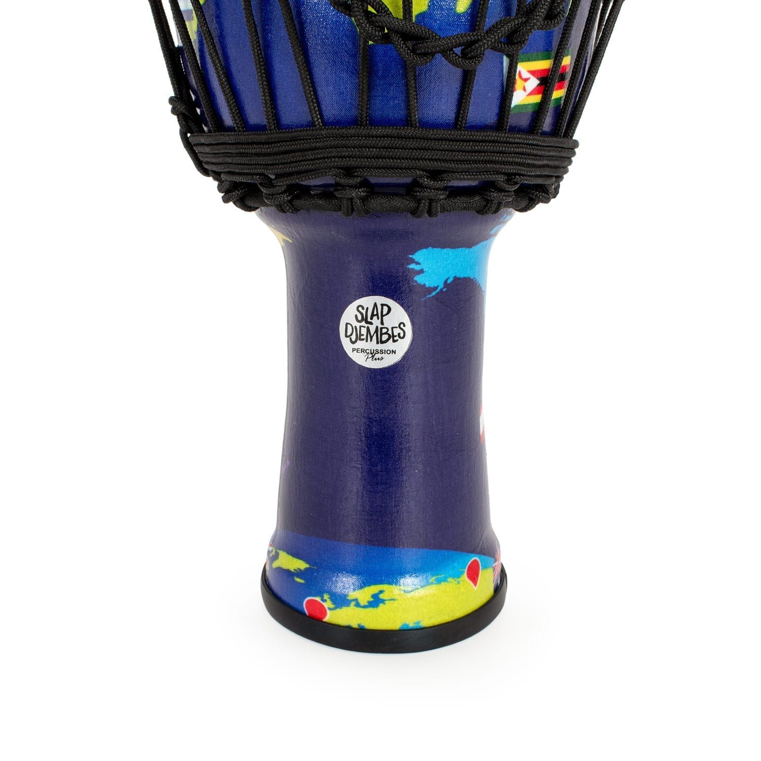 Another view of base of a Percussion Plus World Slap Djembe drum (7" diameter, 32cm high) showing the colorful world map pattern on the synthetic body and the black rope tuning system.