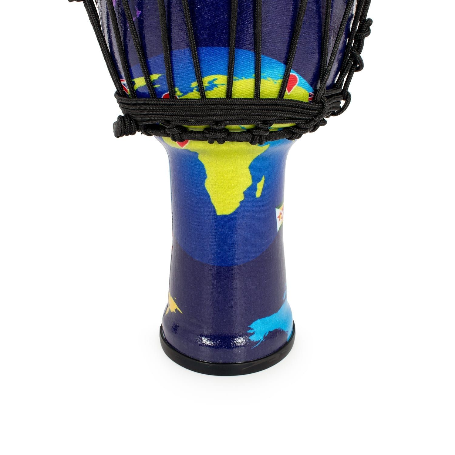 Base of a Percussion Plus World Slap Djembe drum (7" diameter, 32cm high) showing the colorful world map pattern on the synthetic body and the black rope tuning system.