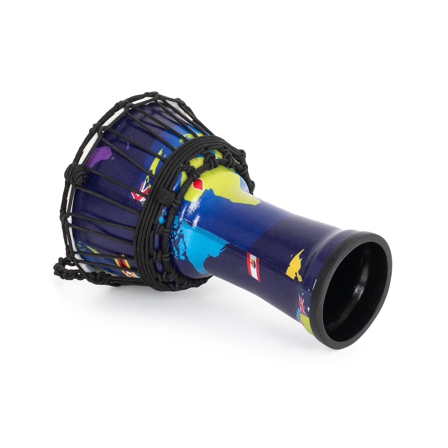 Percussion Plus World Slap Djembe drum (7" diameter, 32cm high) with a colorful world map pattern, synthetic head, and black rope tuning. Shown tilted for a unique perspective.