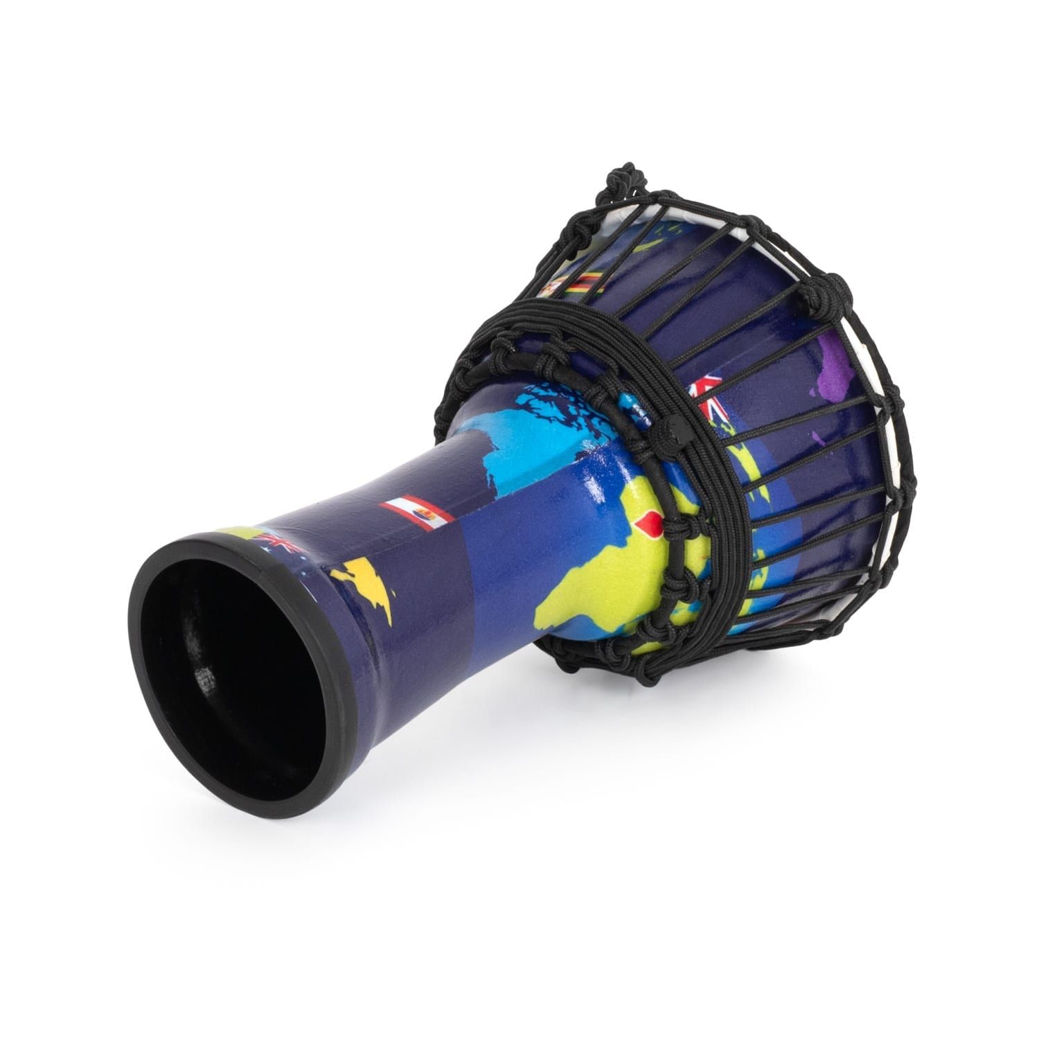 Percussion Plus World Slap Djembe drum (7" diameter, 32cm high) with a world map pattern, synthetic head, and rope tuning. Shown from a side angle.