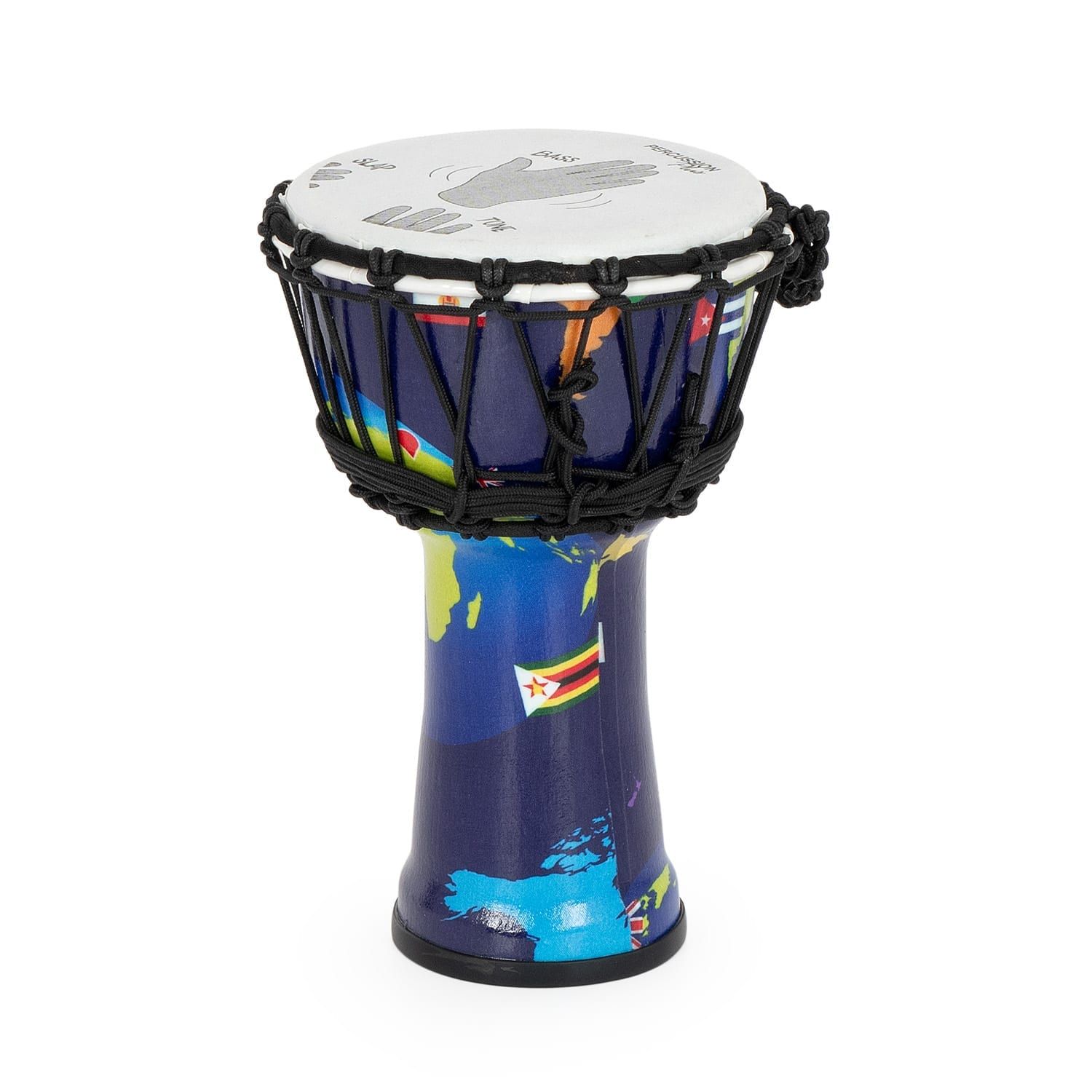 Percussion Plus World Slap Djembe drum (7" diameter, 32cm high) with a world map pattern, synthetic head, and rope tuning - A frontal view.