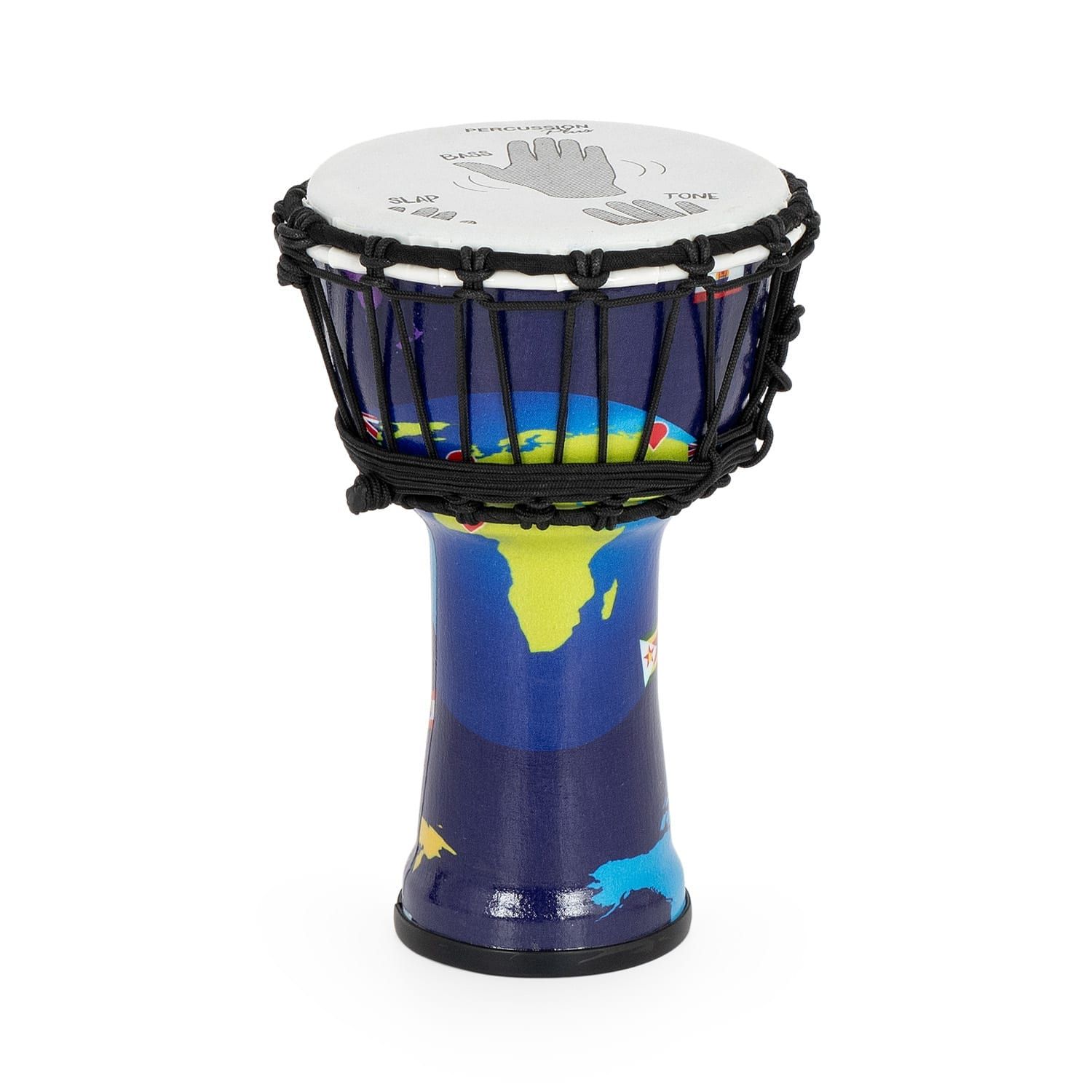 Frontal View of Percussion Plus World Slap Djembe drum (7" diameter, 32cm high) with a world map pattern, synthetic head, and rope tuning.
