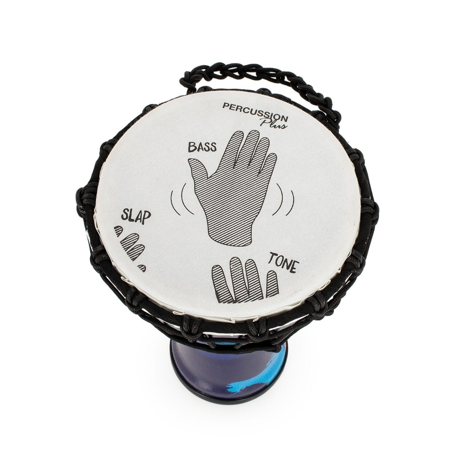 Percussion Plus World Slap Djembe drum (7" diameter, 32cm high) with synthetic head, rope tuning, and blue and purple pattern. Shows hand positions for bass, tone, and slap techniques.