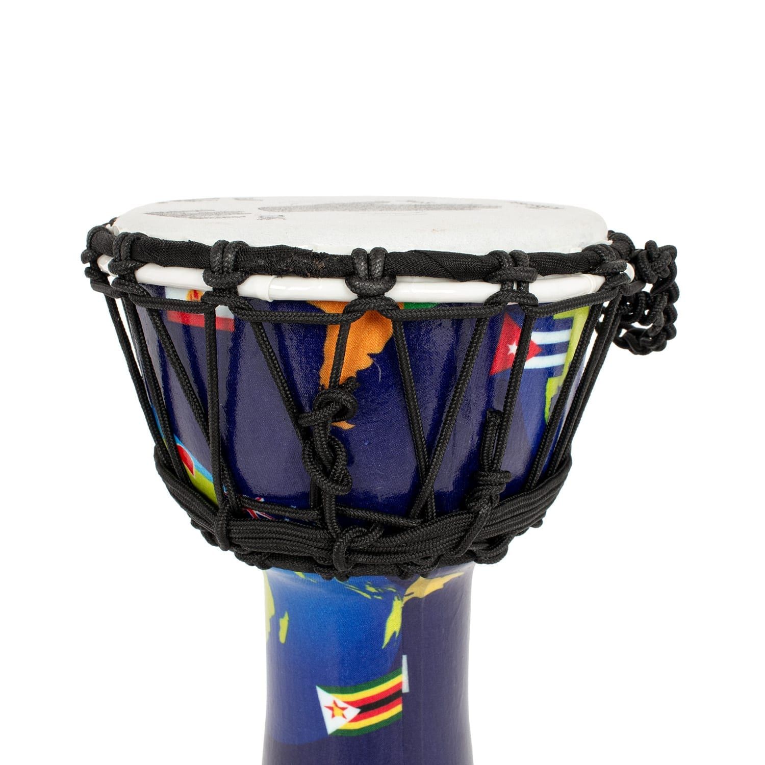 Colorful rope-tuned Djembe drum with a 7-inch diameter and 32cm height, featuring a world map-inspired design on a synthetic body, branded with 'Slap Djembes Percussion' logo.