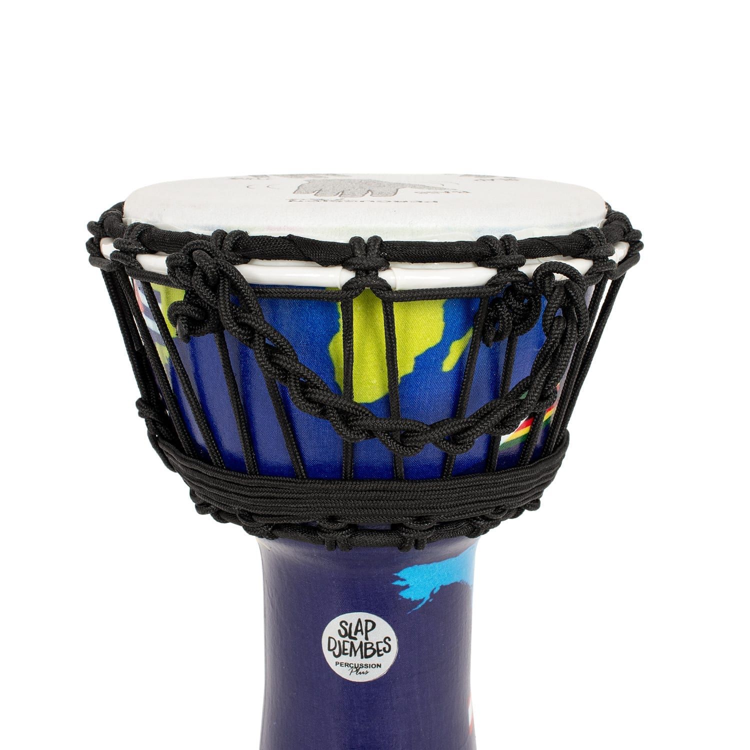 Close-up of a rope-tuned Djembe drum with a 7-inch diameter and 32cm height, featuring a vibrant world map-themed design on a synthetic body, and the 'Slap Djembes Percussion' logo prominently displayed.