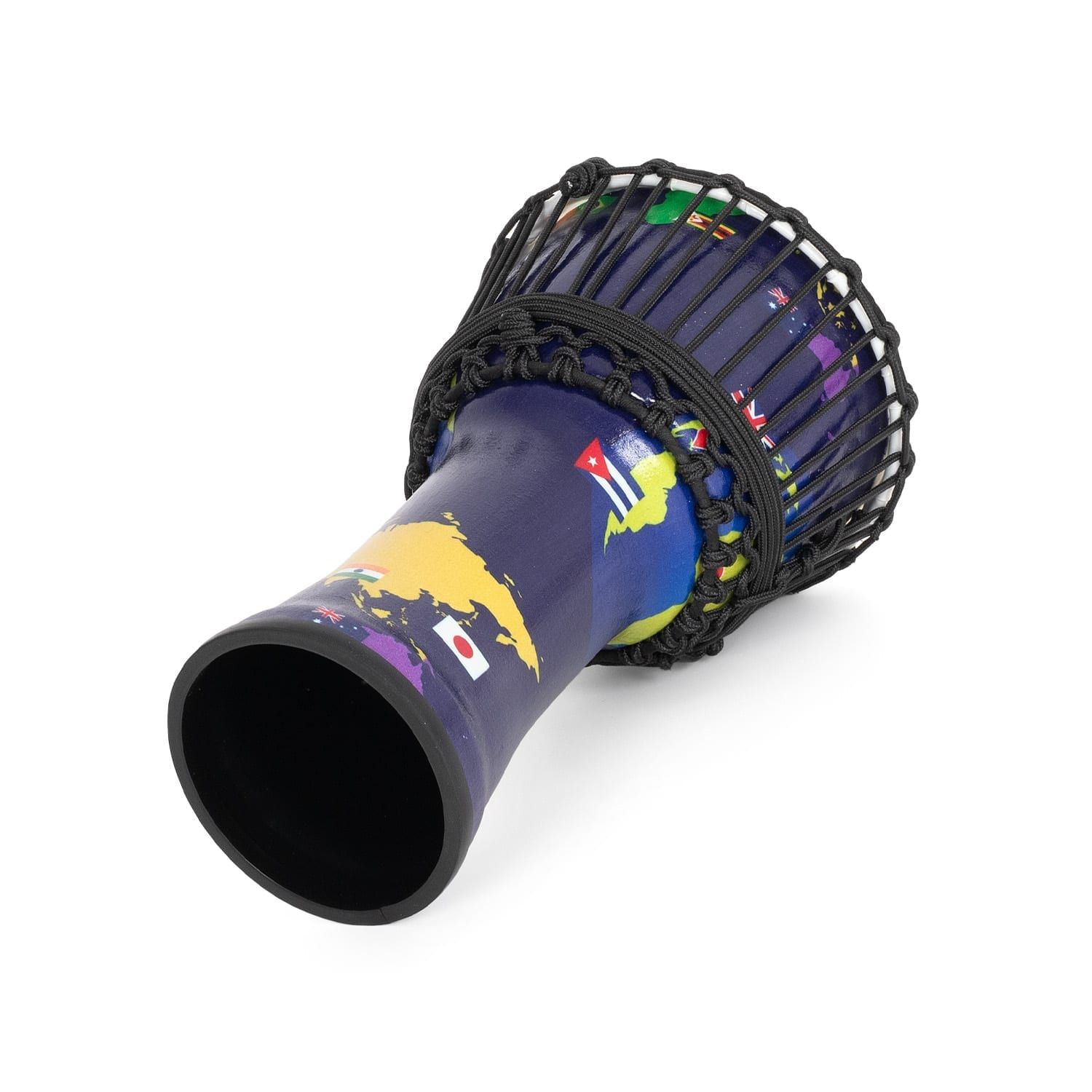 Bottom view of 8-inch rope-tuned Djembe drum with world map design and vibrant detailing.