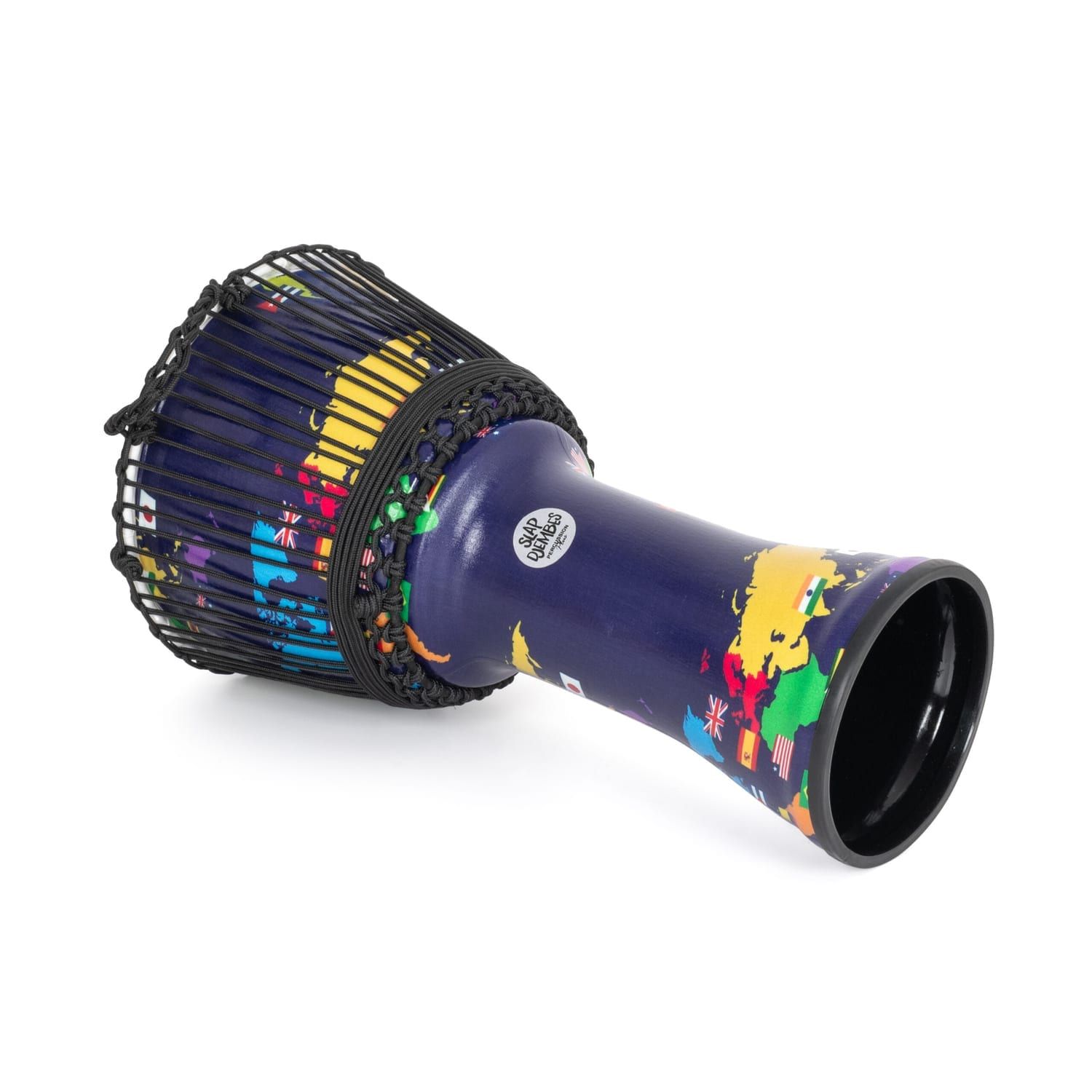 View of synthetic 10-inch Djembe drum with rope tuning, featuring Slap Djembes logo and colorful world map design, 50cm high.
