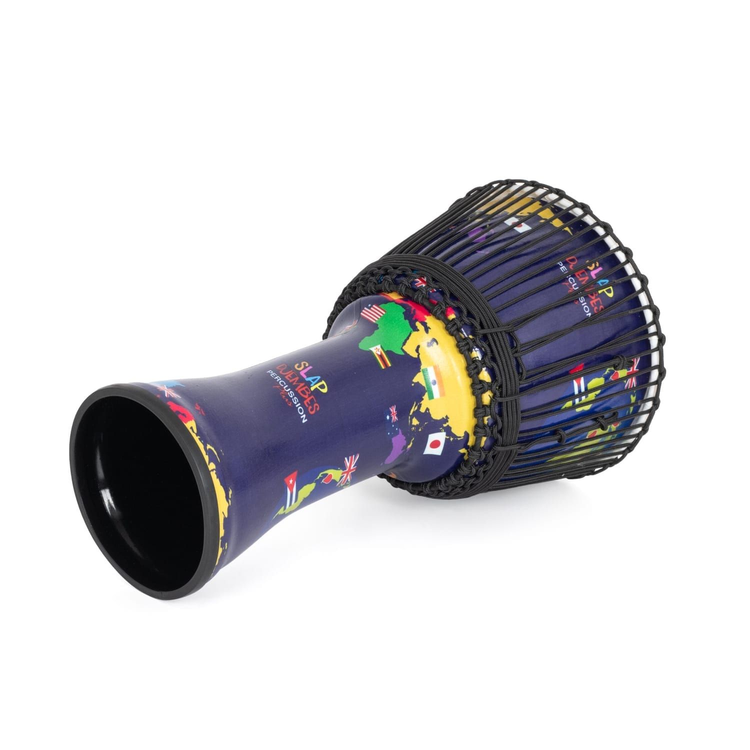 Side view of 10-inch synthetic Djembe drum with world map design and Slap Percussion branding, featuring rope tuning, 50cm high.