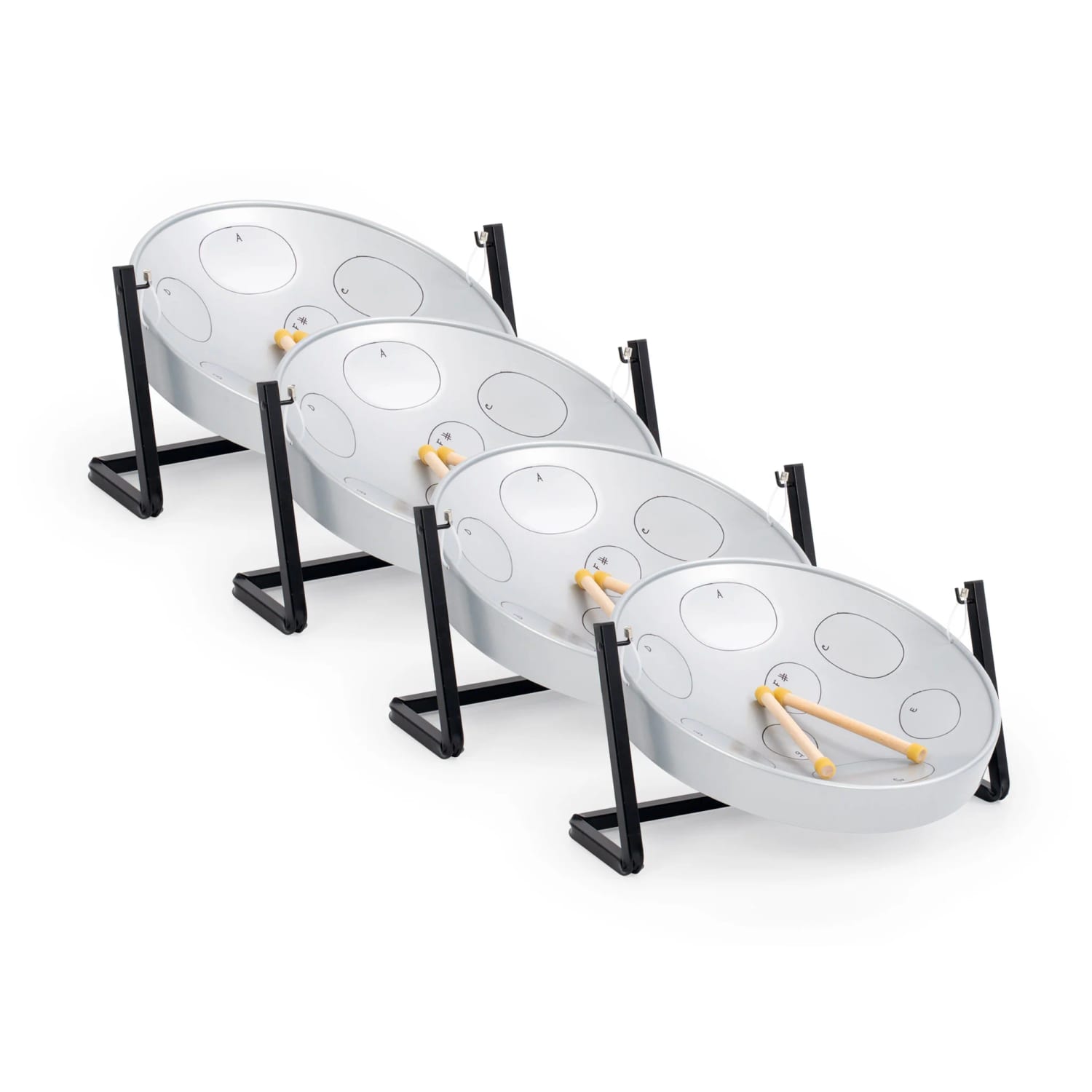 Jumbie Jam Steel Pan kit, featuring a pack of 4 grey desktop pans with desktop stands and mallets, designed for easy music playing and vibrant sound quality.