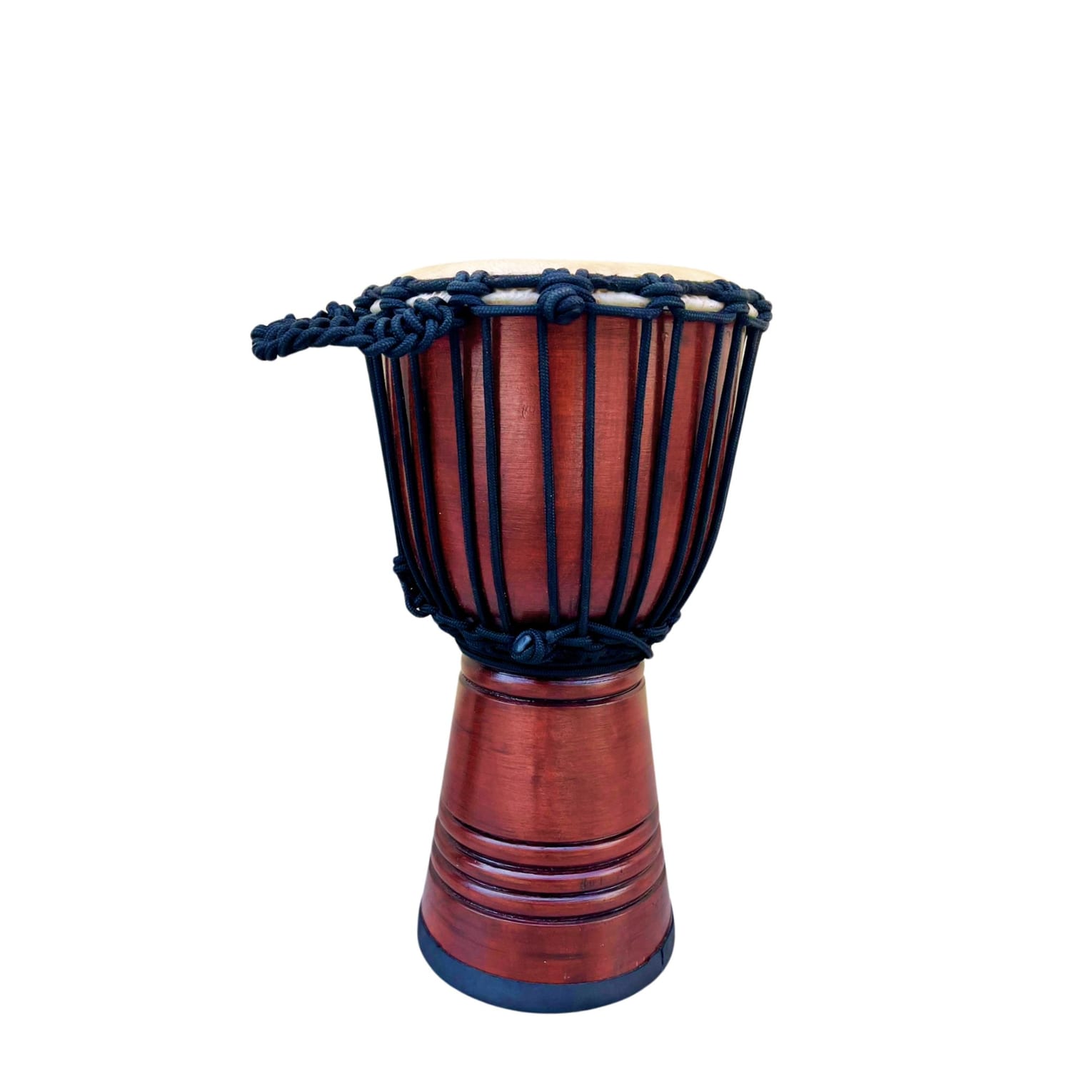 8.5 inch Educator Classic Deep Carved djembe - 40cm high with goatskin head, nylon stringing, deep-carved mahogany shell, and rubber base.