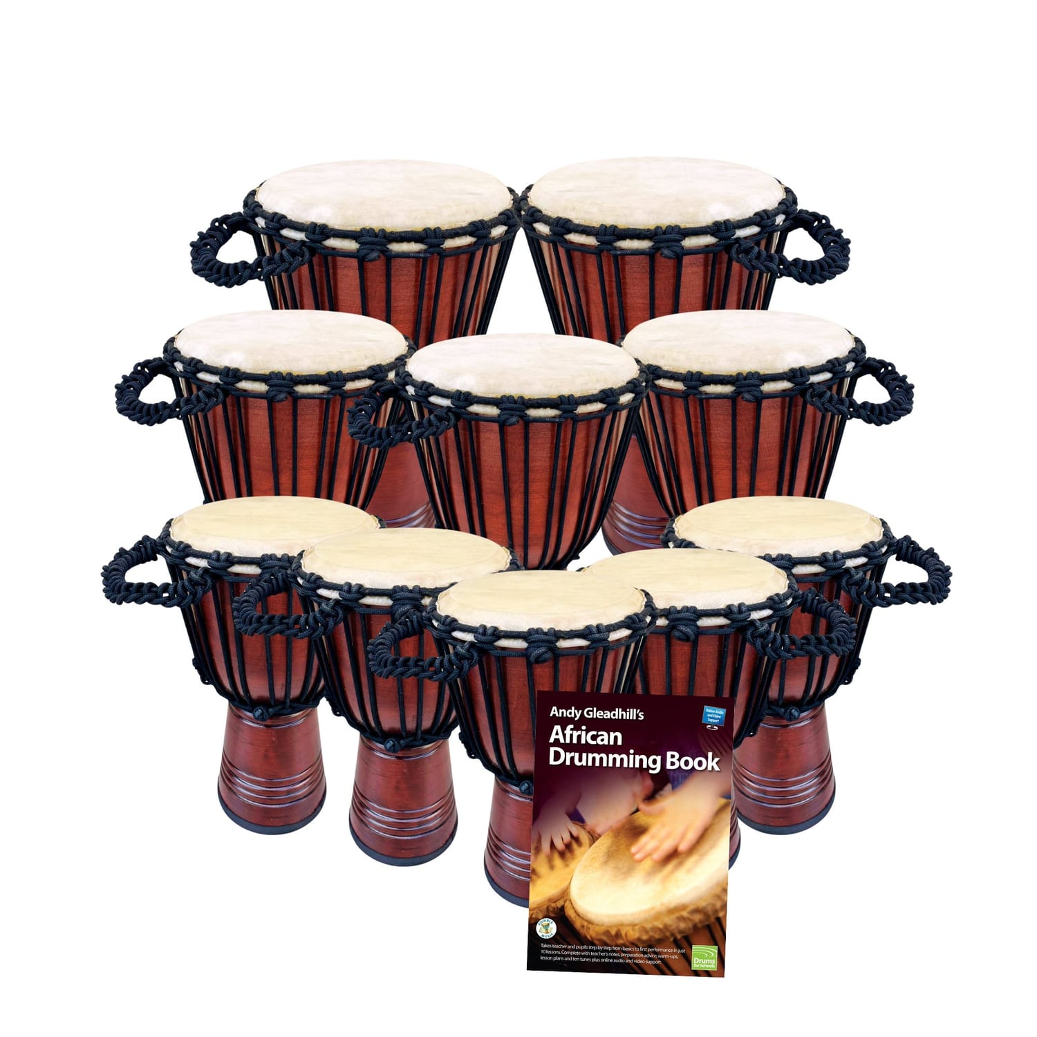 Primary 10 Educator Classic Djembe Drum Set — 10 rope-tuned wooden djembes with goatskin heads (8.5", 10", 12") and book