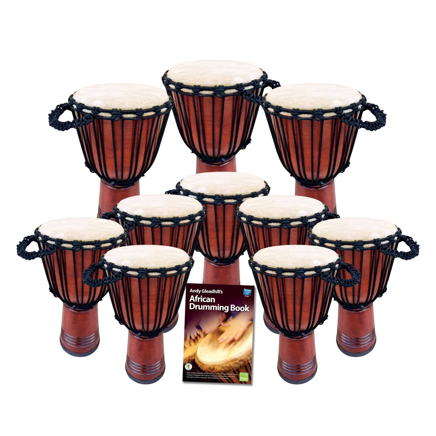 Secondary 10 Educator Classic Djembe Drum Set -10 rope-tuned djembes, goatskin heads (10" & 12") plus African Drumming Book