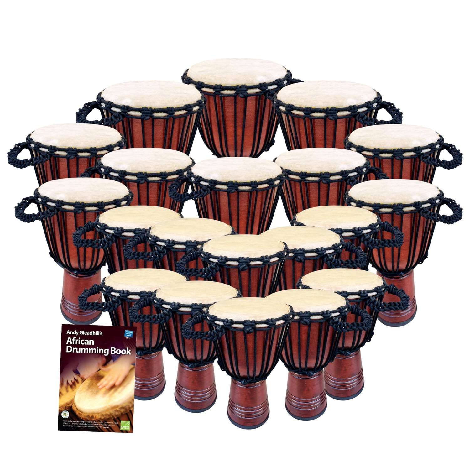 Primary 20 Educator Classic Djembe Drum Set — 20 rope-tuned, deep-carved wooden djembes with teaching book