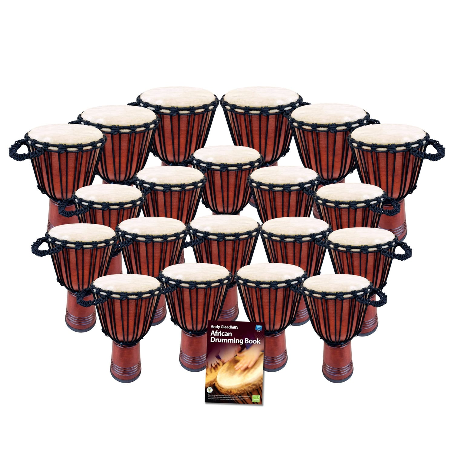 Secondary 20 Educator Classic Djembe Drum Set — 20 rope-tuned djembes with goatskin heads (10" & 12") plus teaching book