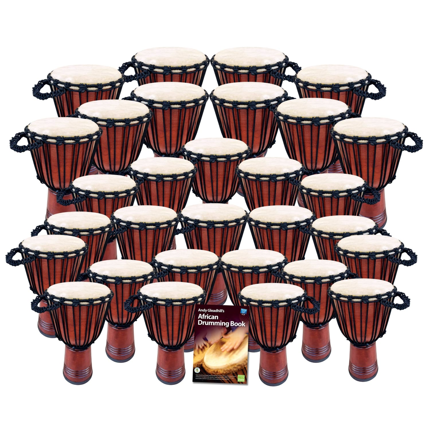 Secondary 30 Educator Classic Djembe Drum Set — 30 rope-tuned djembes, goatskin heads (10" & 12"), plus African Drumming Book
