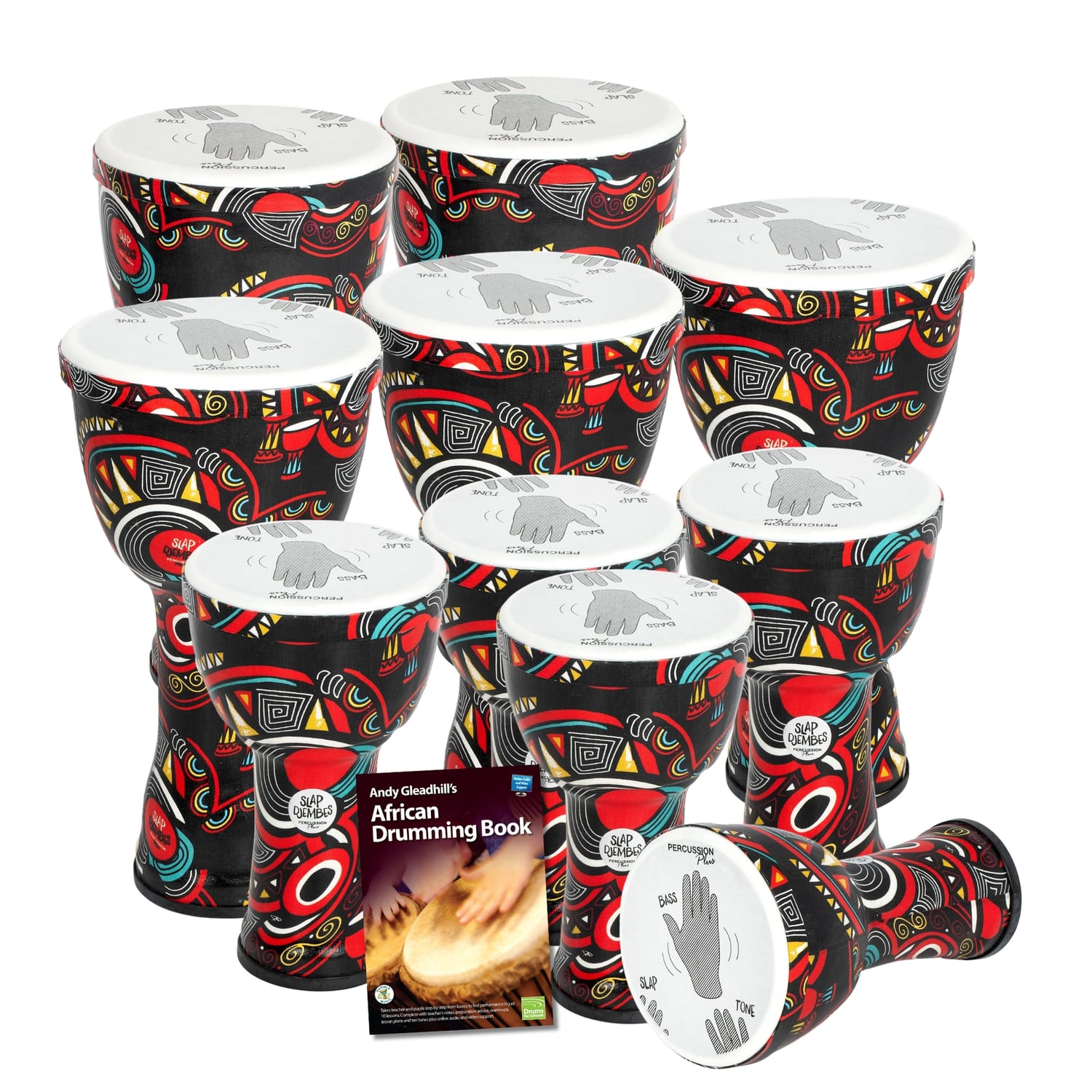 10 Primary Pre tuned Slap Djembe Drum Pack with colourful shells and hand-position guides on heads